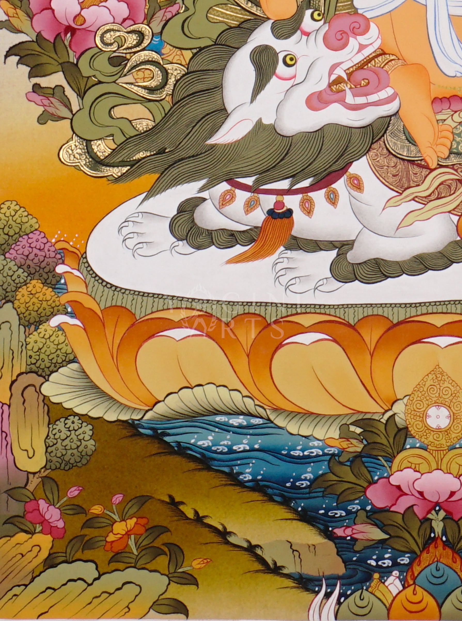 Singh Zambhala thangka depicting the Buddhist wealth deity riding a snow lion and holding a mongoose releasing jewels.