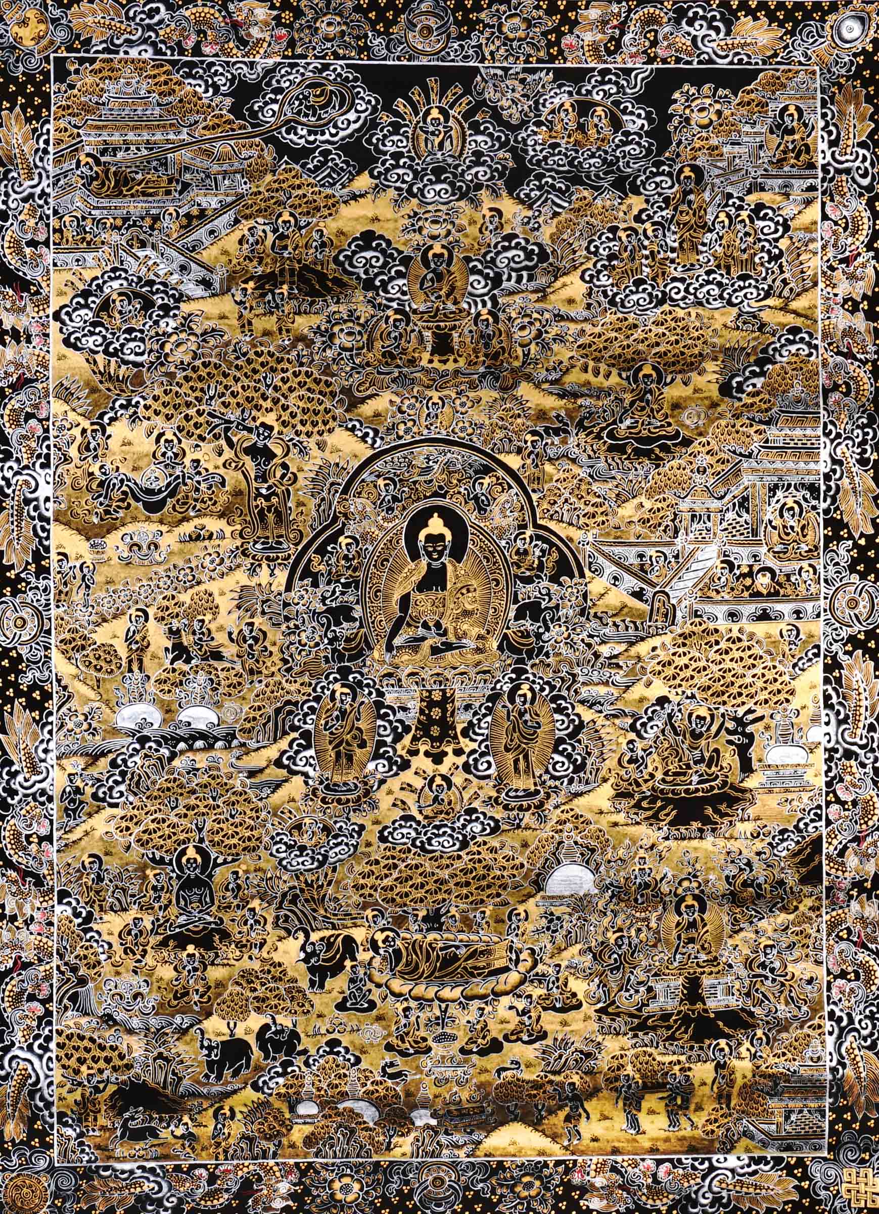 Hand-painted black and gold Tibetan Life of Buddha thangka featuring sacred narrative scenes surrounding the central Buddha figure with intricate Himalayan Buddhist detailing