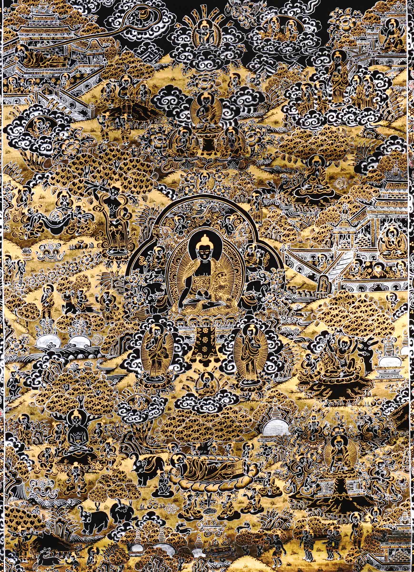 Hand-painted black and gold Tibetan Life of Buddha thangka featuring sacred narrative scenes surrounding the central Buddha figure with intricate Himalayan Buddhist detailing