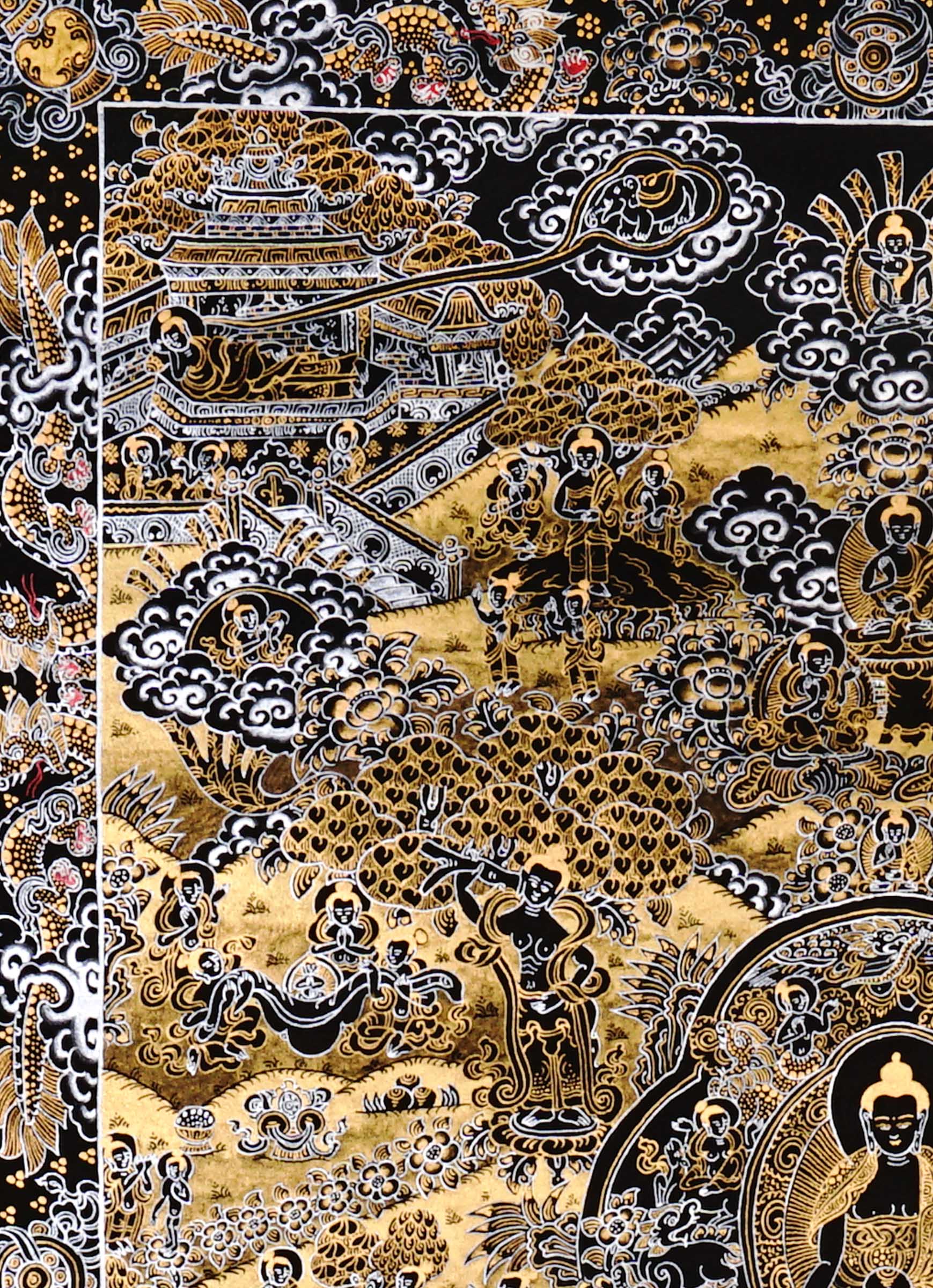Hand-painted black and gold Tibetan Life of Buddha thangka featuring sacred narrative scenes surrounding the central Buddha figure with intricate Himalayan Buddhist detailing