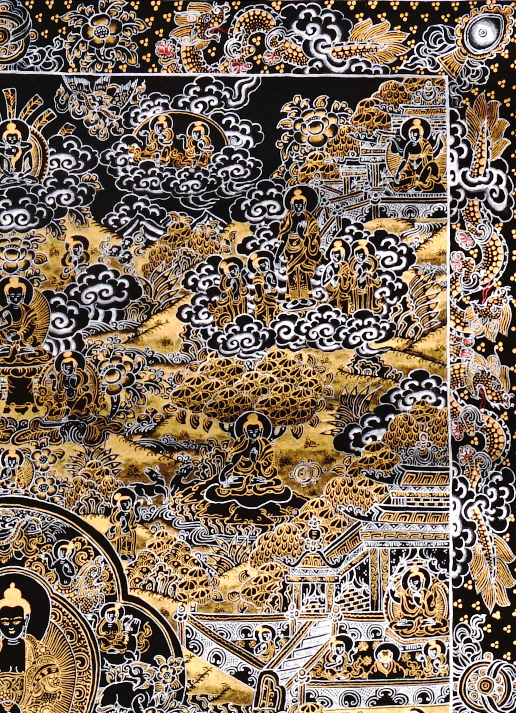 Hand-painted black and gold Tibetan Life of Buddha thangka featuring sacred narrative scenes surrounding the central Buddha figure with intricate Himalayan Buddhist detailing