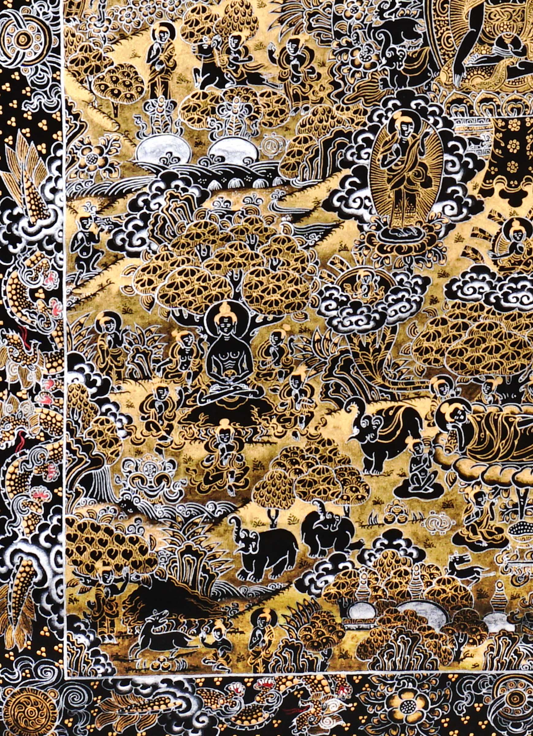 Hand-painted black and gold Tibetan Life of Buddha thangka featuring sacred narrative scenes surrounding the central Buddha figure with intricate Himalayan Buddhist detailing