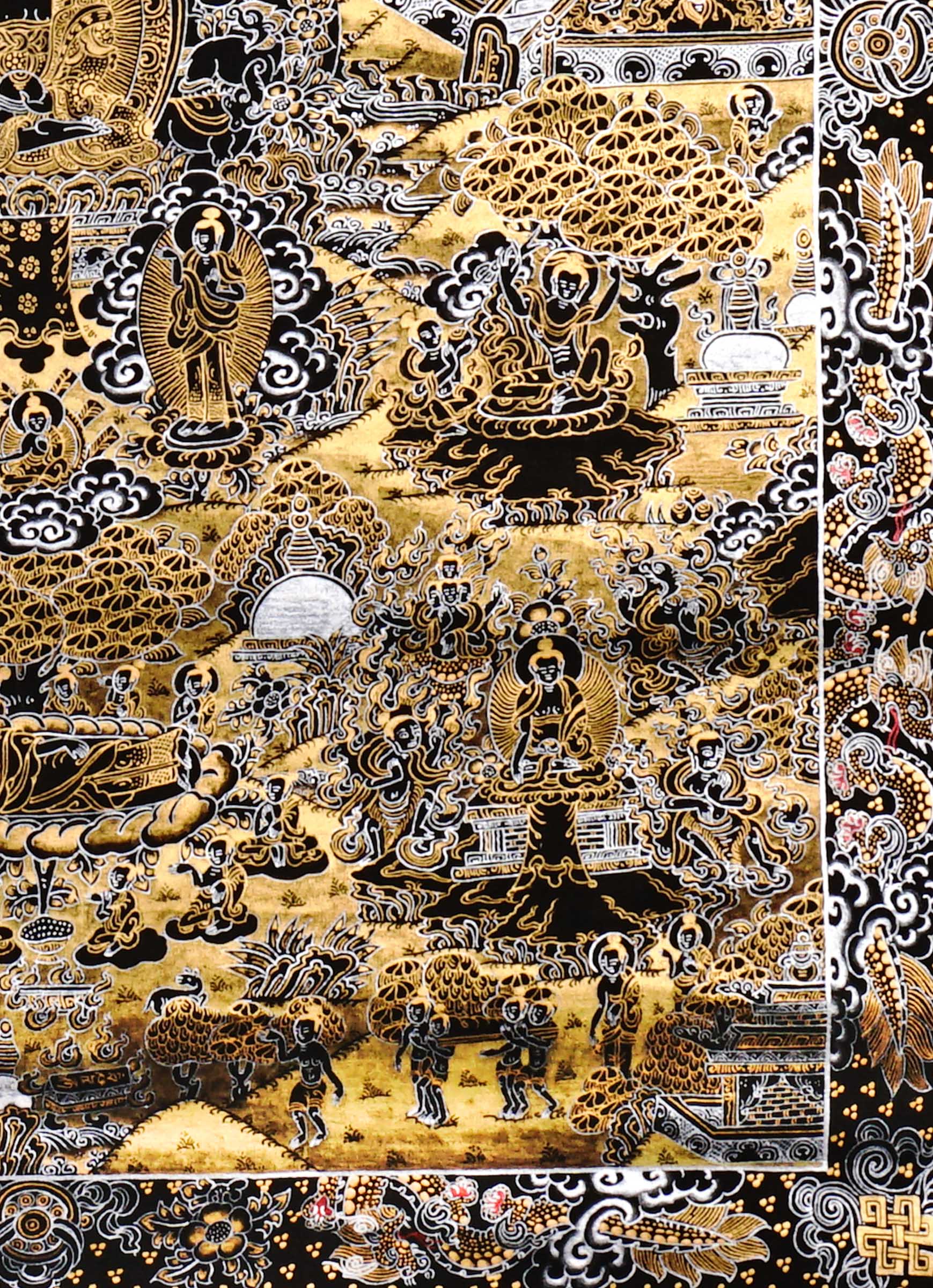 Hand-painted black and gold Tibetan Life of Buddha thangka featuring sacred narrative scenes surrounding the central Buddha figure with intricate Himalayan Buddhist detailing