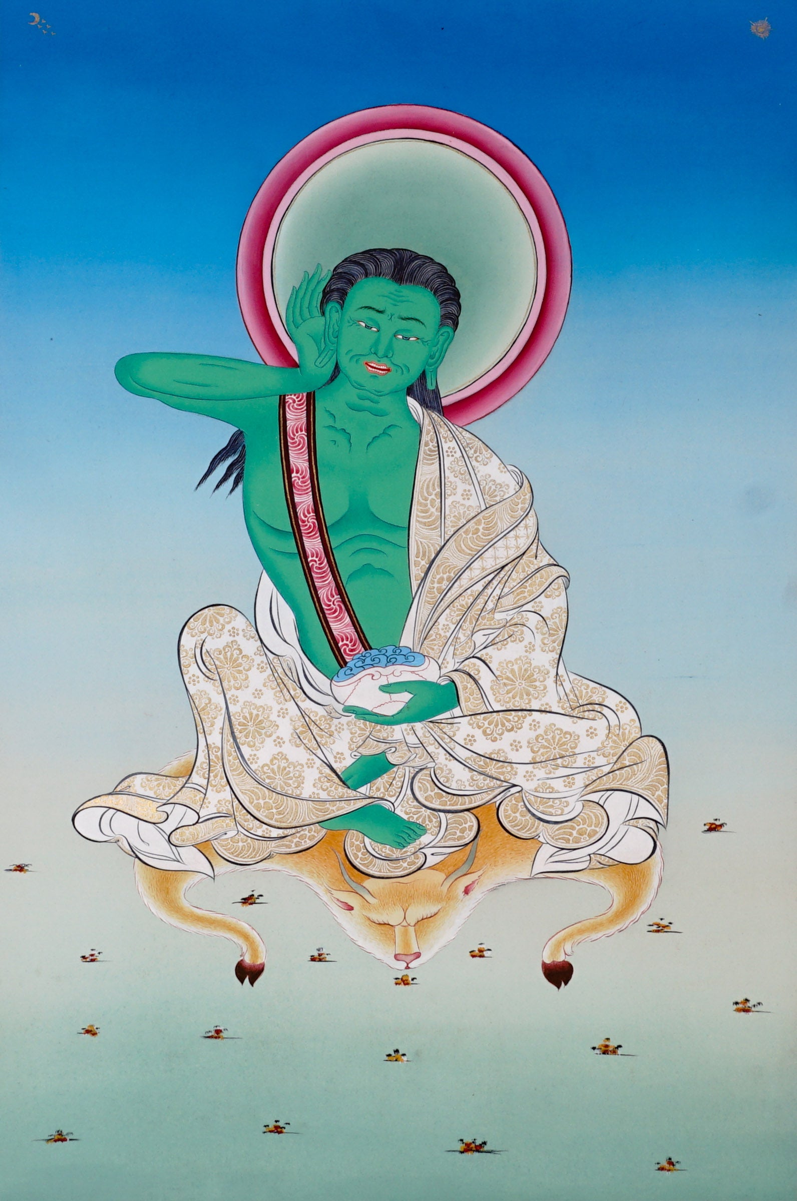 Hand-painted Milarepa Thangka showing Tibetan Buddhist yogi seated on deer skin with skull cup and listening gesture, blue background, traditional Himalayan art.