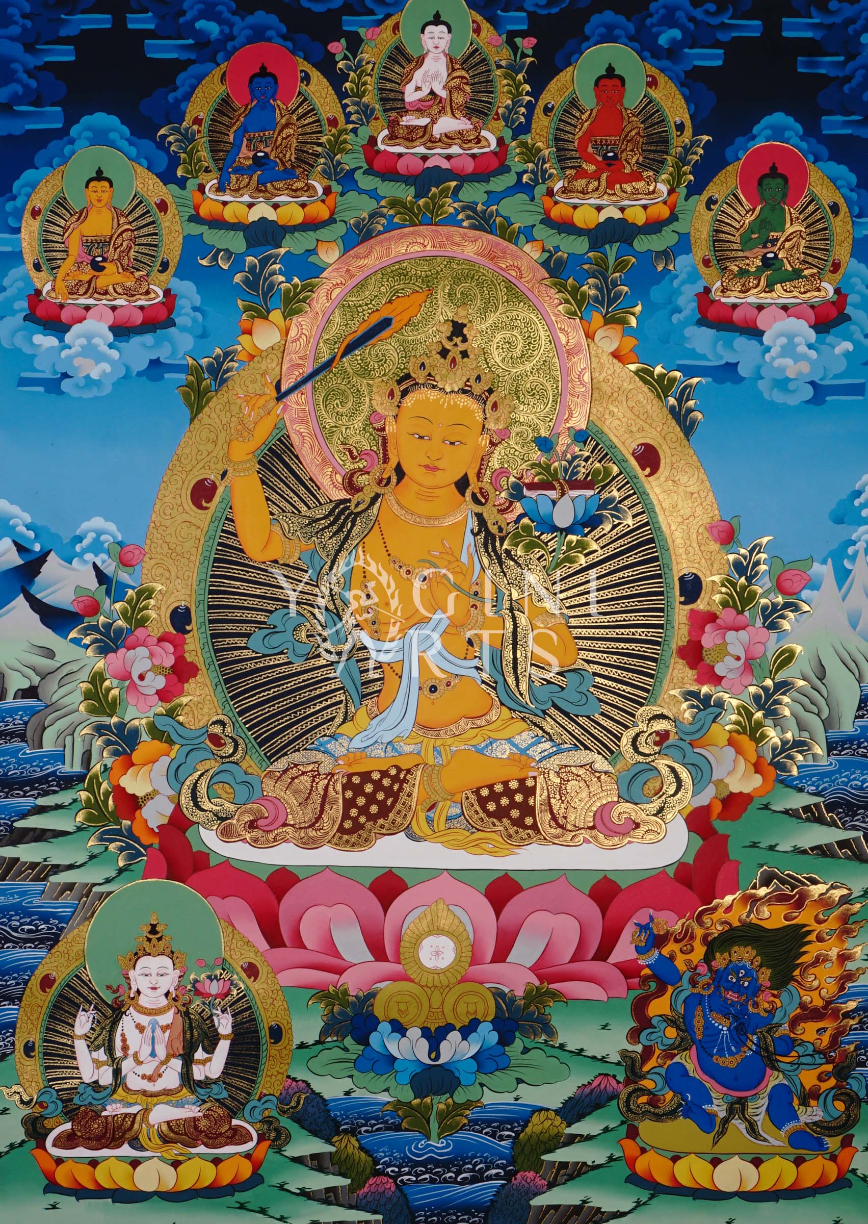  Manjushree thangka featuring the  wisdom deity holding a flaming sword and sacred scripture surrounded by Buddhas, lotus flowers, and ornate gold detailing