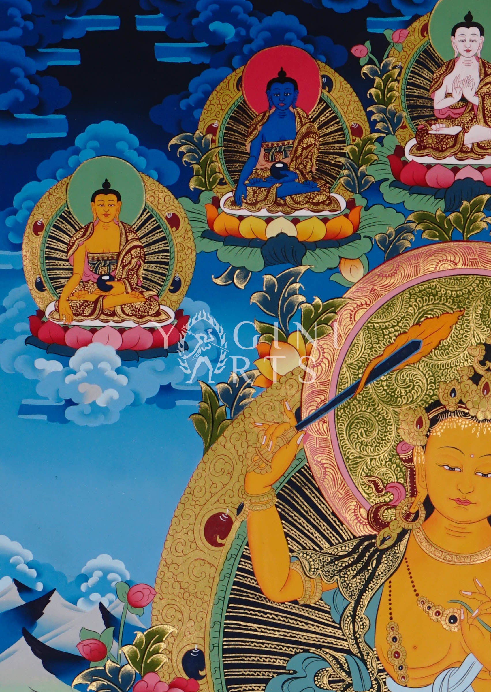  Manjushree thangka featuring the  wisdom deity holding a flaming sword and sacred scripture surrounded by Buddhas, lotus flowers, and ornate gold detailing