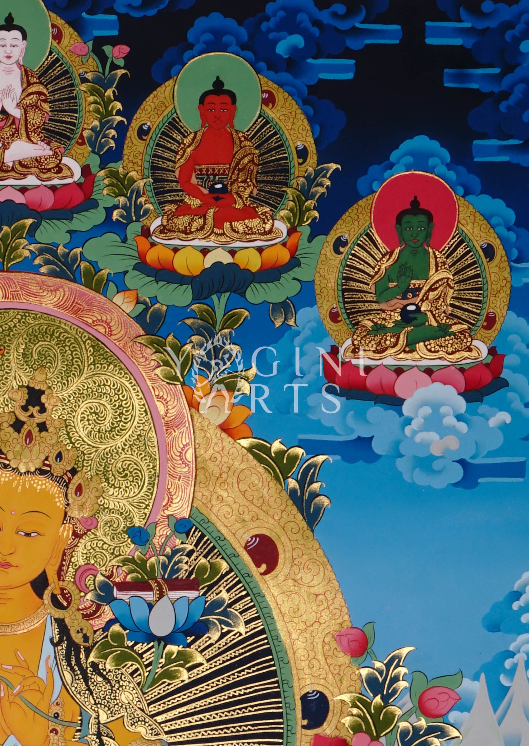  Manjushree thangka featuring the  wisdom deity holding a flaming sword and sacred scripture surrounded by Buddhas, lotus flowers, and ornate gold detailing