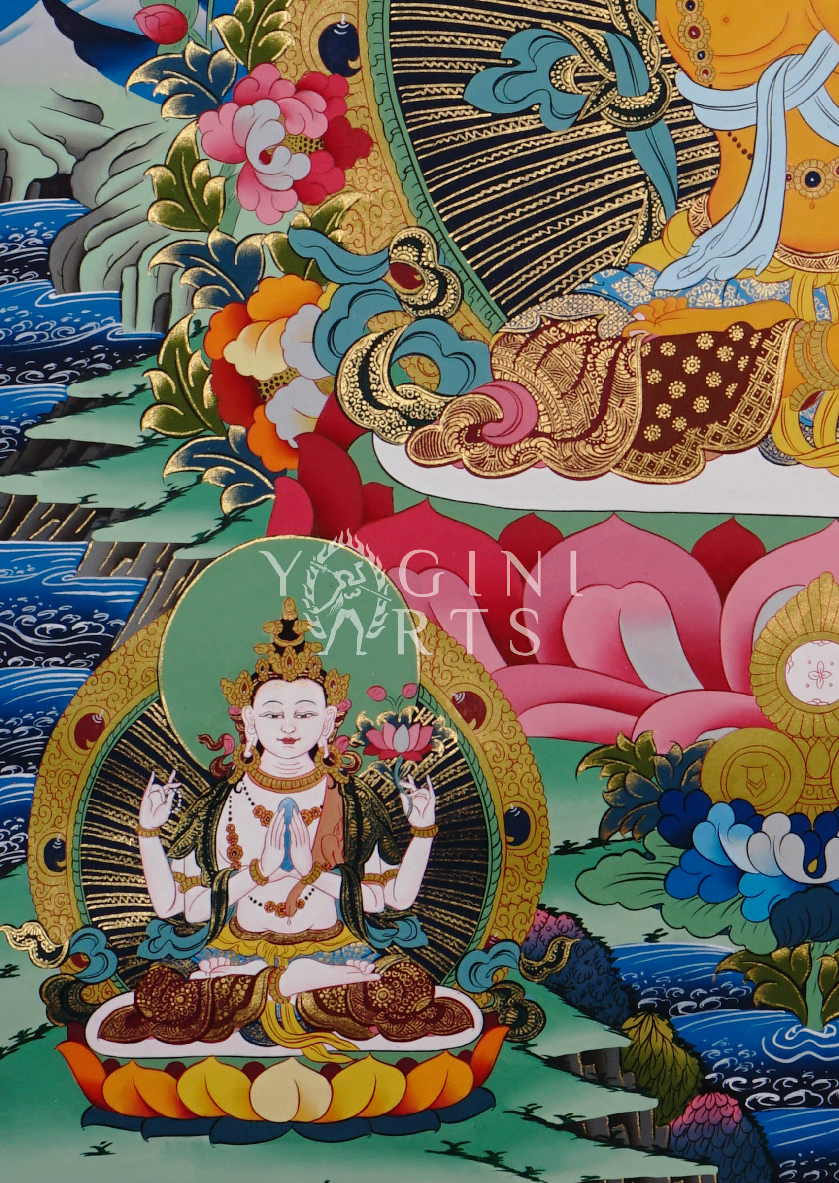  Manjushree thangka featuring the  wisdom deity holding a flaming sword and sacred scripture surrounded by Buddhas, lotus flowers, and ornate gold detailing