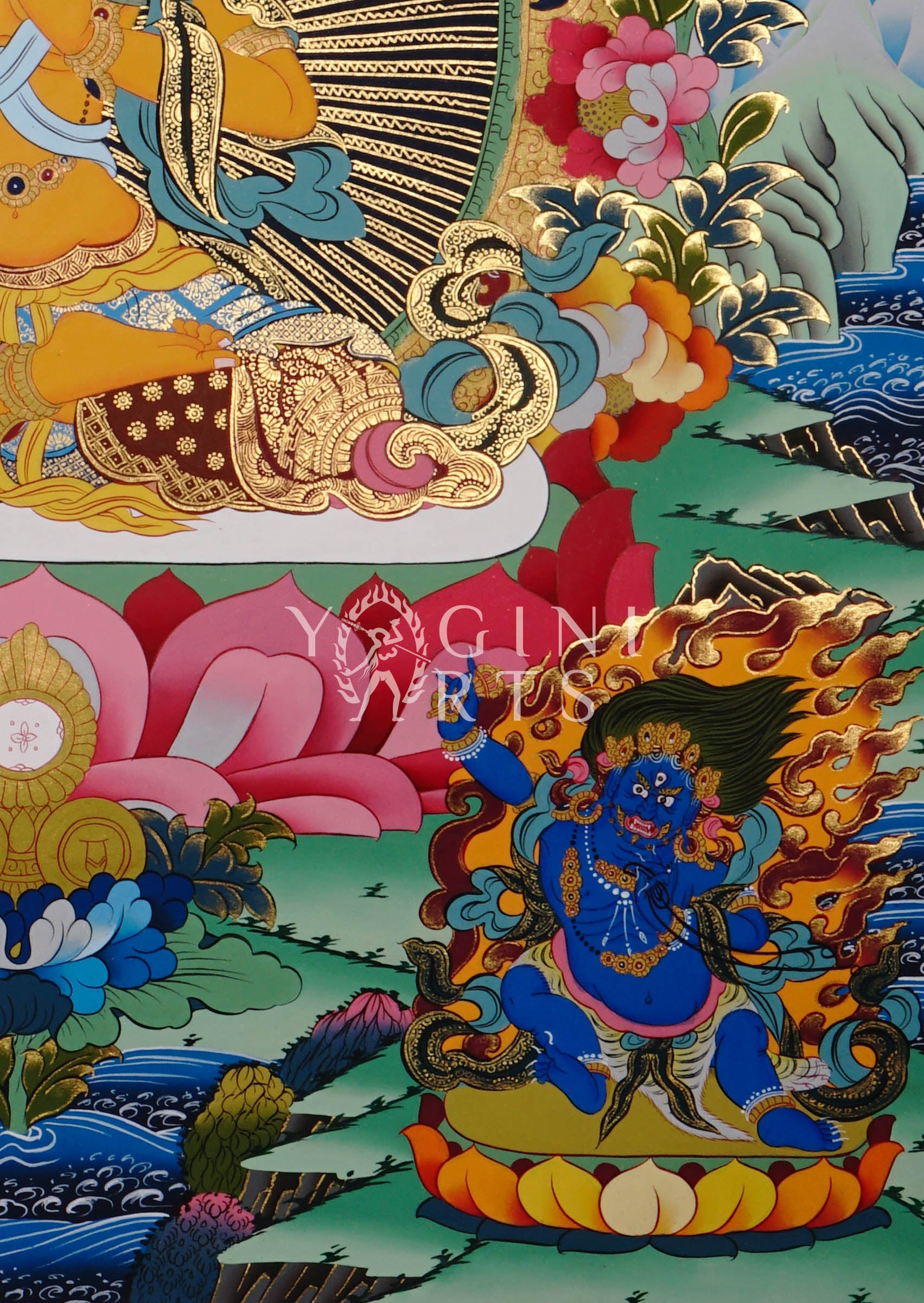  Manjushree thangka featuring the  wisdom deity holding a flaming sword and sacred scripture surrounded by Buddhas, lotus flowers, and ornate gold detailing