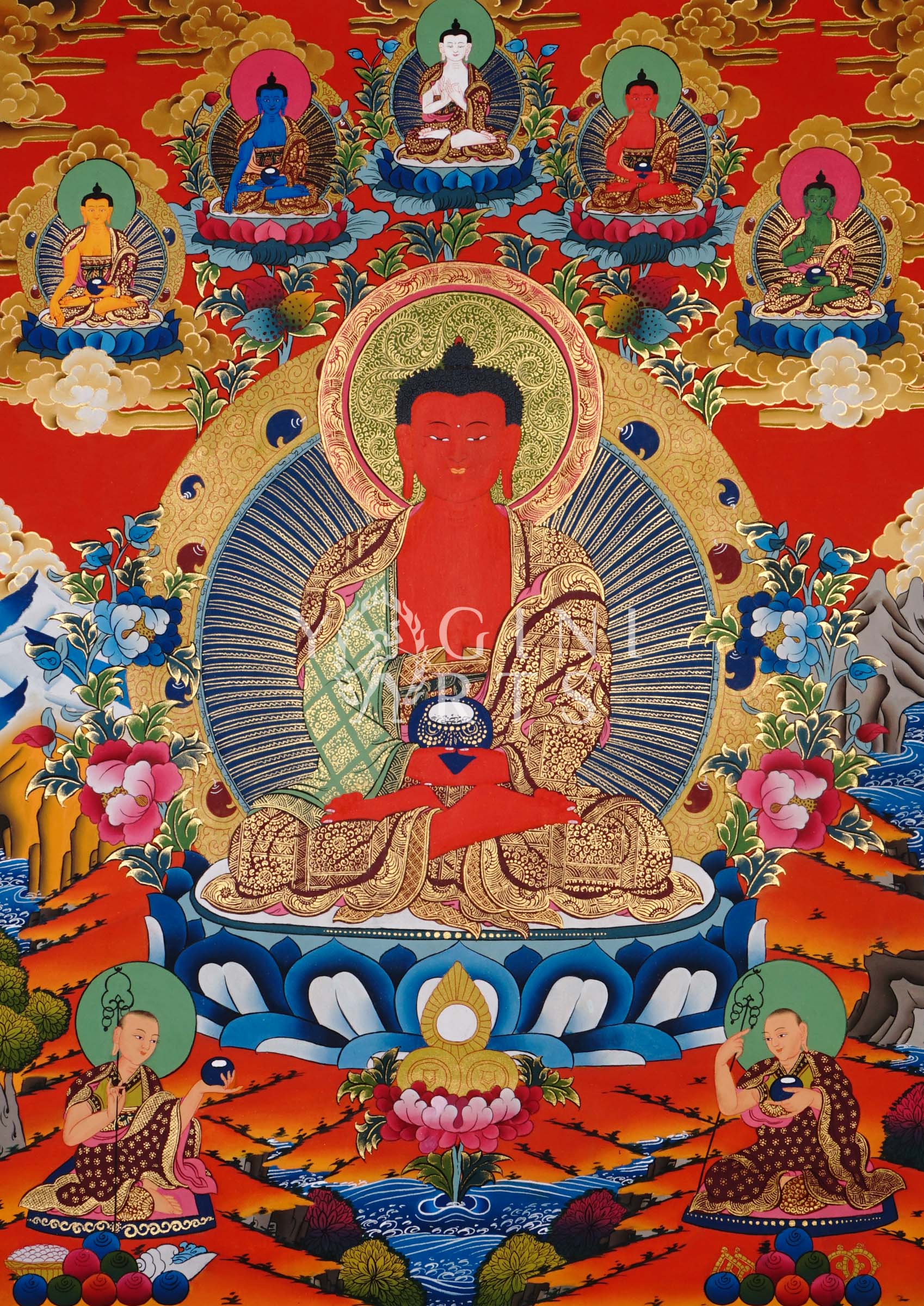 Amitabha Buddha thangka featuring the Buddha of Infinite Light seated in meditation surrounded by Five Dhyani Buddhas and intricate gold detailing