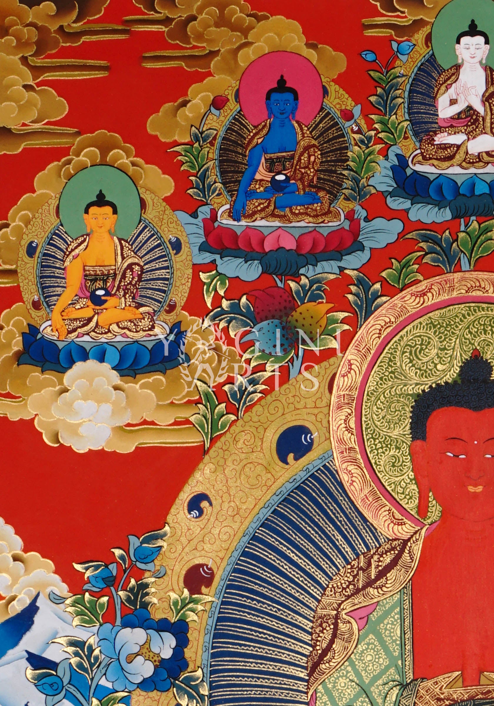 Amitabha Buddha thangka featuring the Buddha of Infinite Light seated in meditation surrounded by Five Dhyani Buddhas and intricate gold detailing