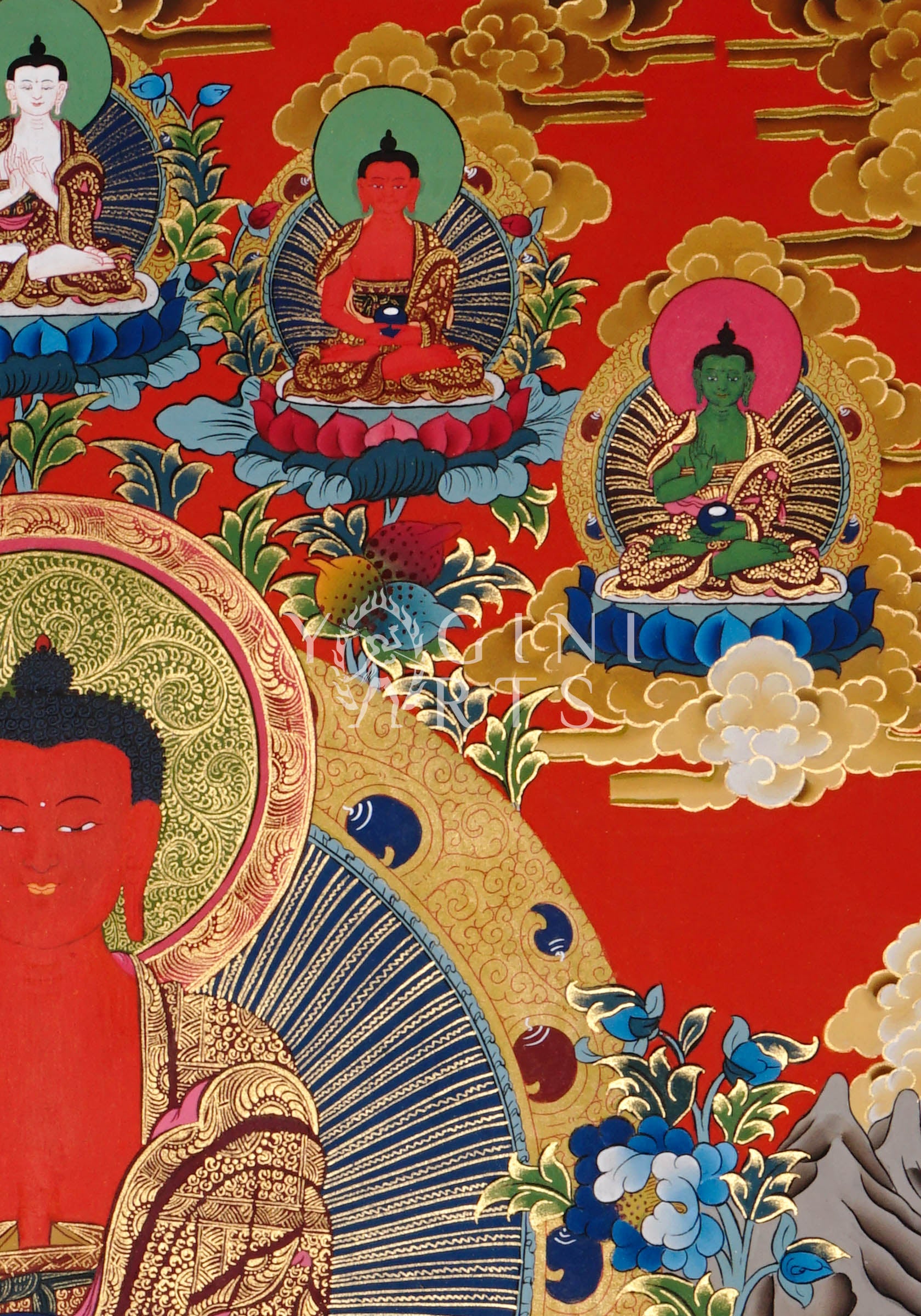 Amitabha Buddha thangka featuring the Buddha of Infinite Light seated in meditation surrounded by Five Dhyani Buddhas and intricate gold detailing