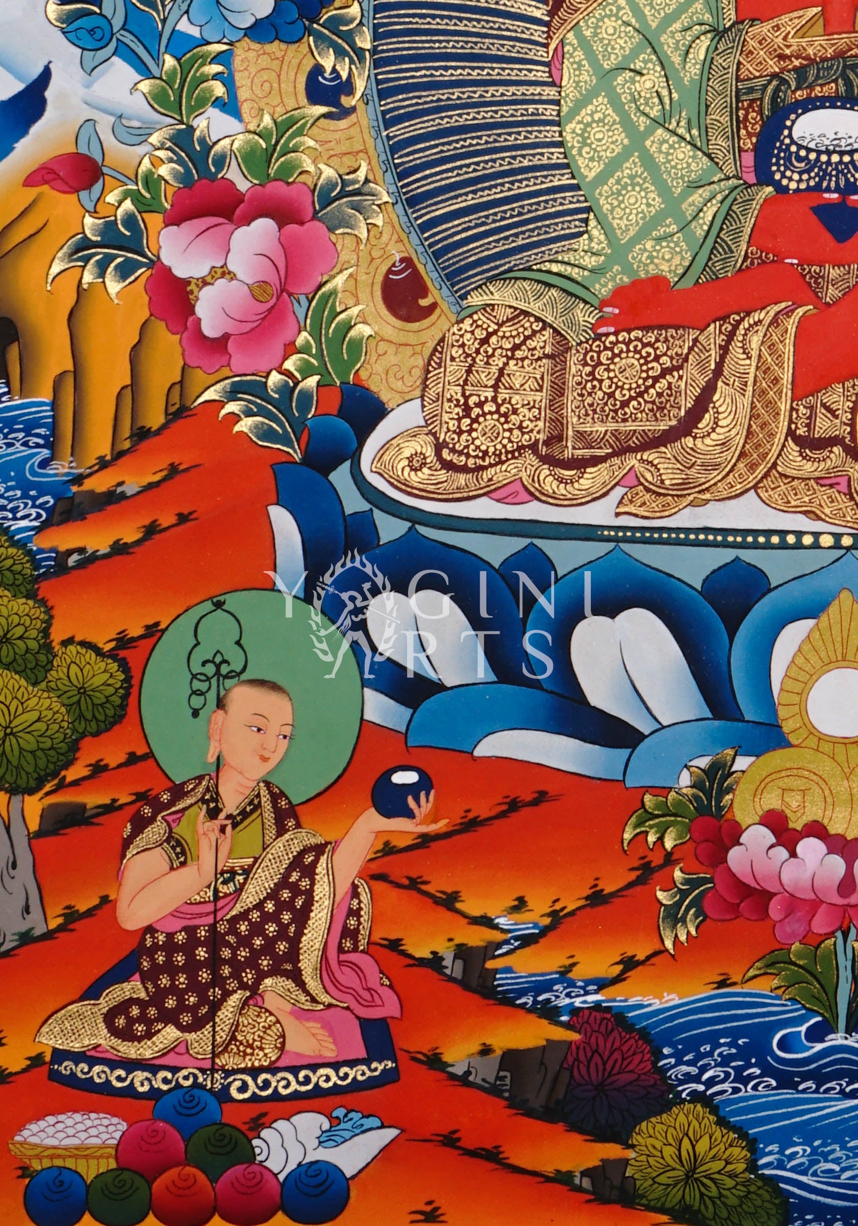 Amitabha Buddha thangka featuring the Buddha of Infinite Light seated in meditation surrounded by Five Dhyani Buddhas and intricate gold detailing
