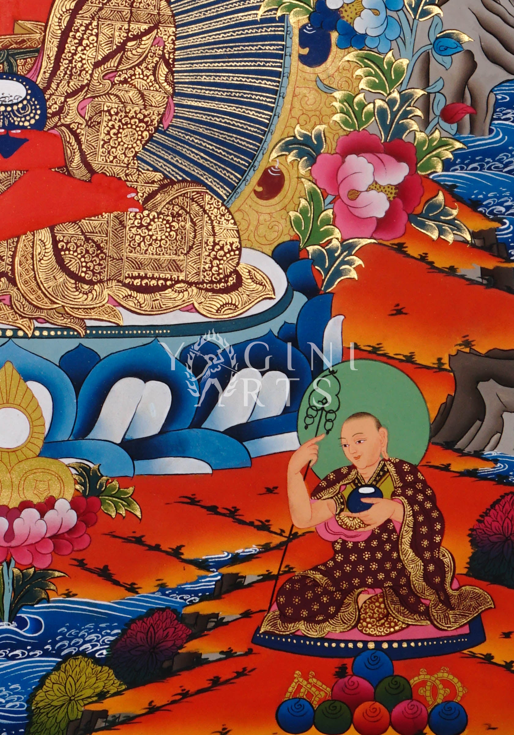 Amitabha Buddha thangka featuring the Buddha of Infinite Light seated in meditation surrounded by Five Dhyani Buddhas and intricate gold detailing