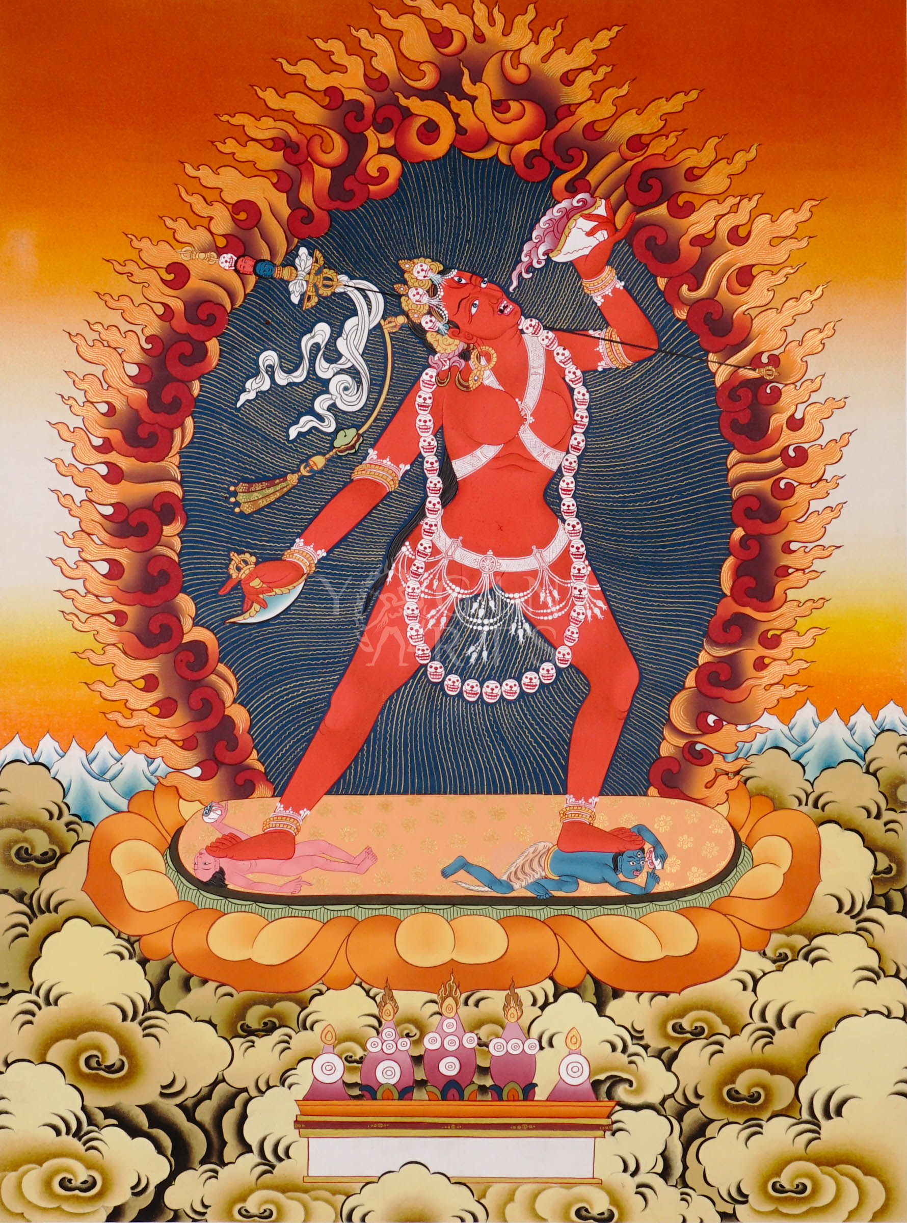Vajrayogini thangka showing the red tantric Buddhist dakini dancing with skull garland, holding a kapala and ritual knife within a flaming aura.