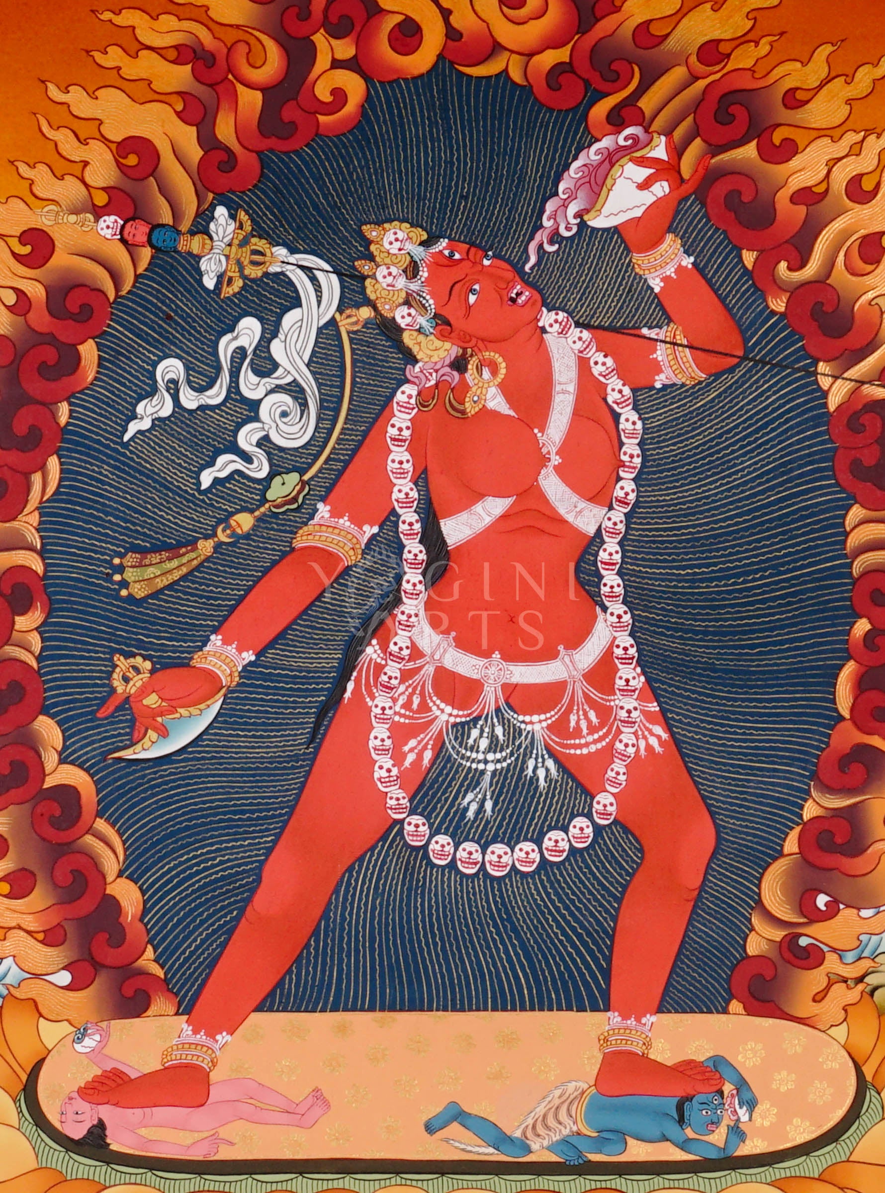 Vajrayogini thangka showing the red tantric Buddhist dakini dancing with skull garland, holding a kapala and ritual knife within a flaming aura.