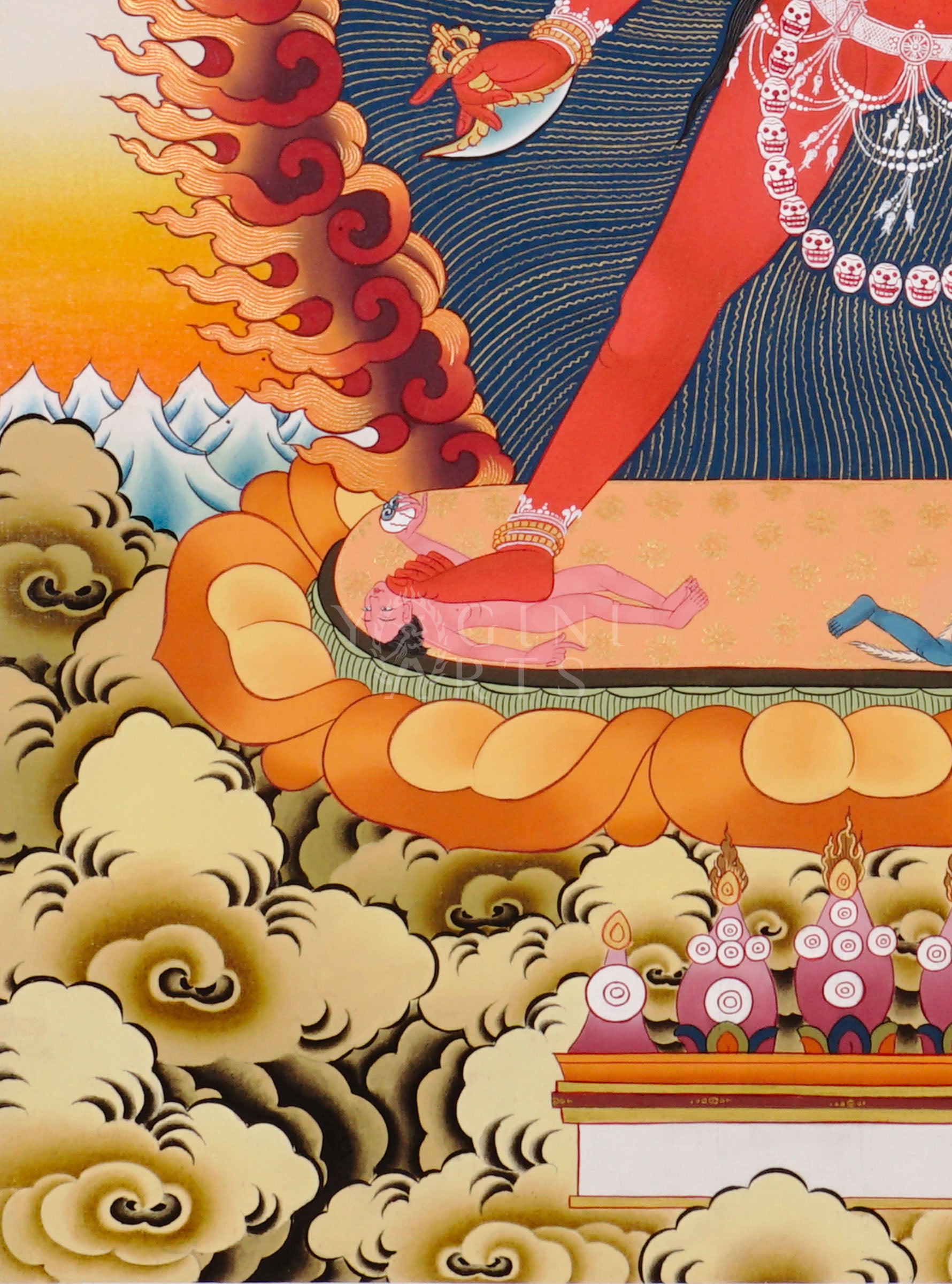 Vajrayogini thangka showing the red tantric Buddhist dakini dancing with skull garland, holding a kapala and ritual knife within a flaming aura.