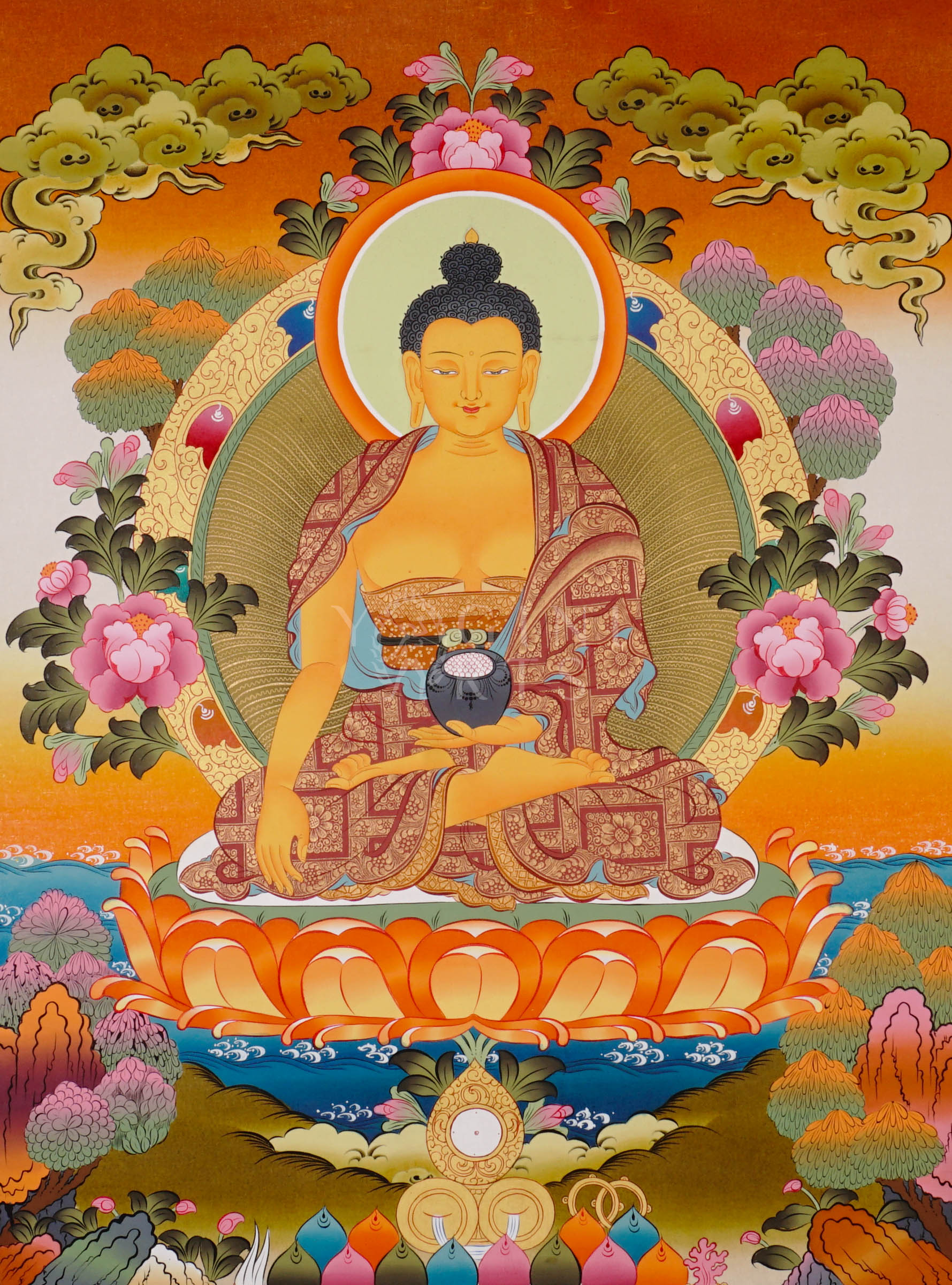 Shakyamuni Buddha thangka showing the historical Buddha seated in meditation on a lotus throne holding an alms bowl.