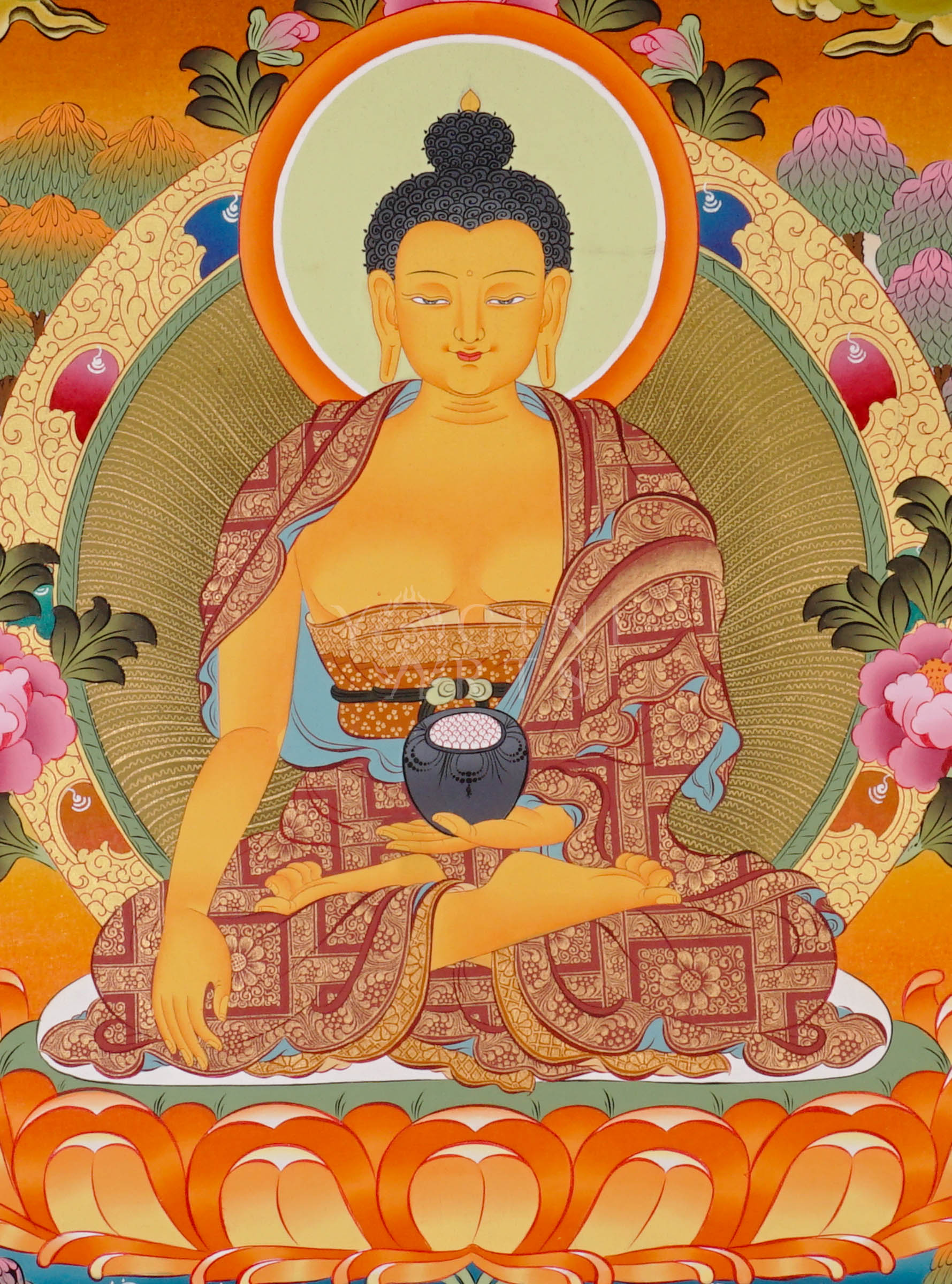Shakyamuni Buddha thangka showing the historical Buddha seated in meditation on a lotus throne holding an alms bowl.