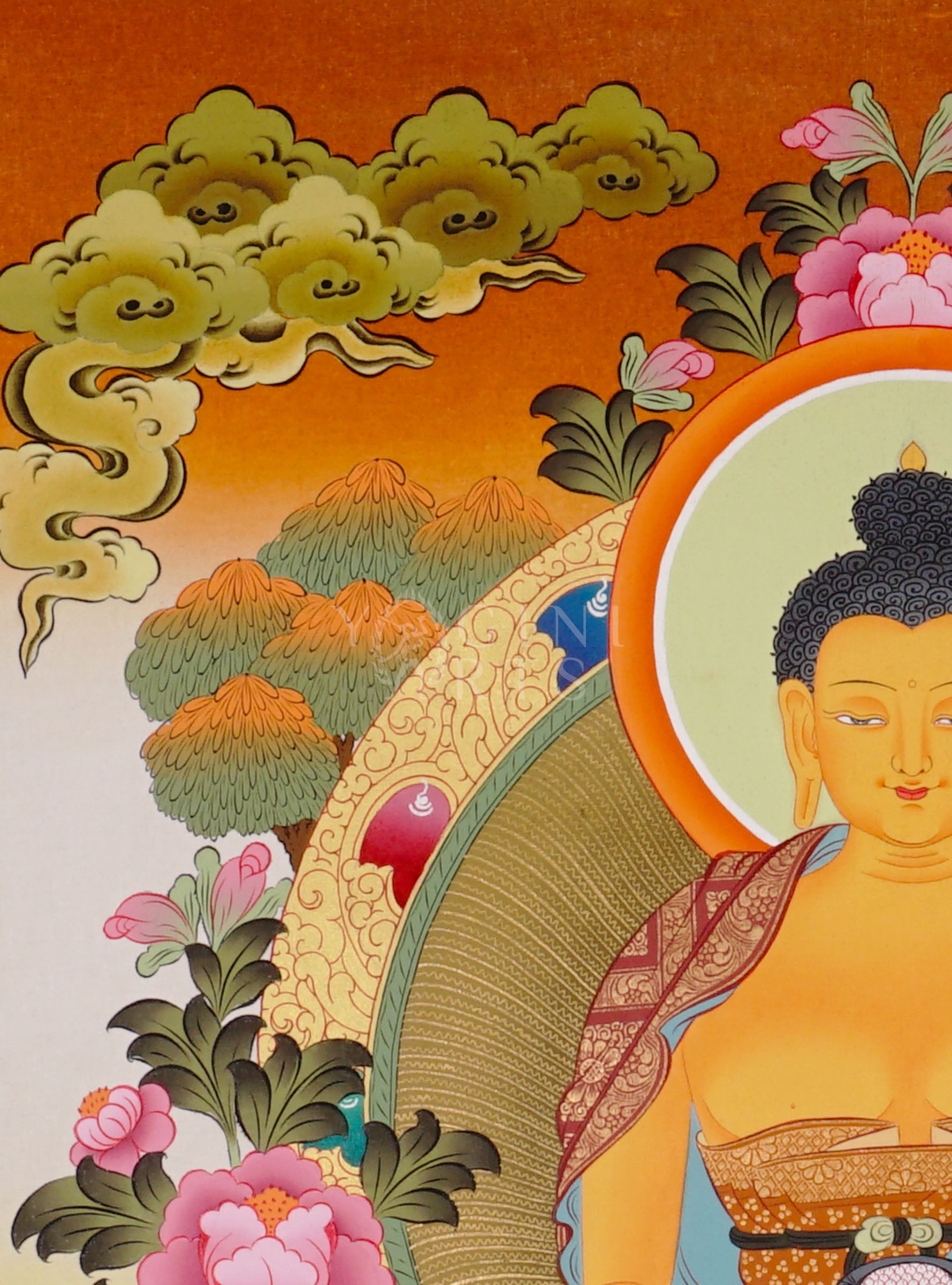 Shakyamuni Buddha thangka showing the historical Buddha seated in meditation on a lotus throne holding an alms bowl.