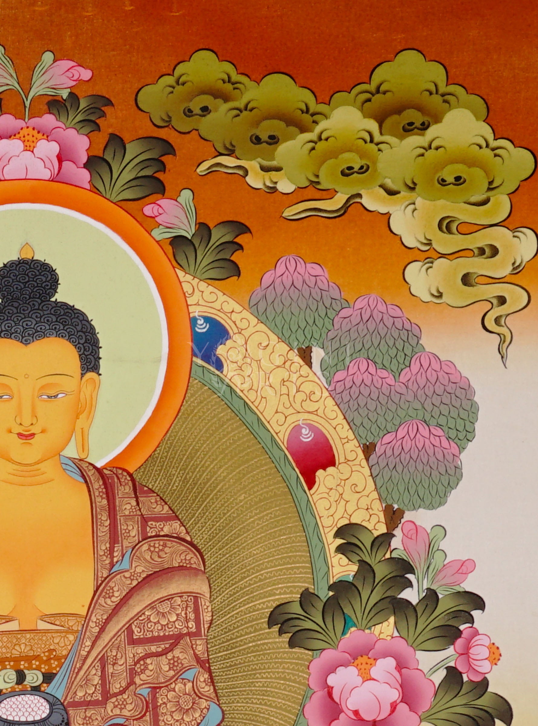 Shakyamuni Buddha thangka showing the historical Buddha seated in meditation on a lotus throne holding an alms bowl.