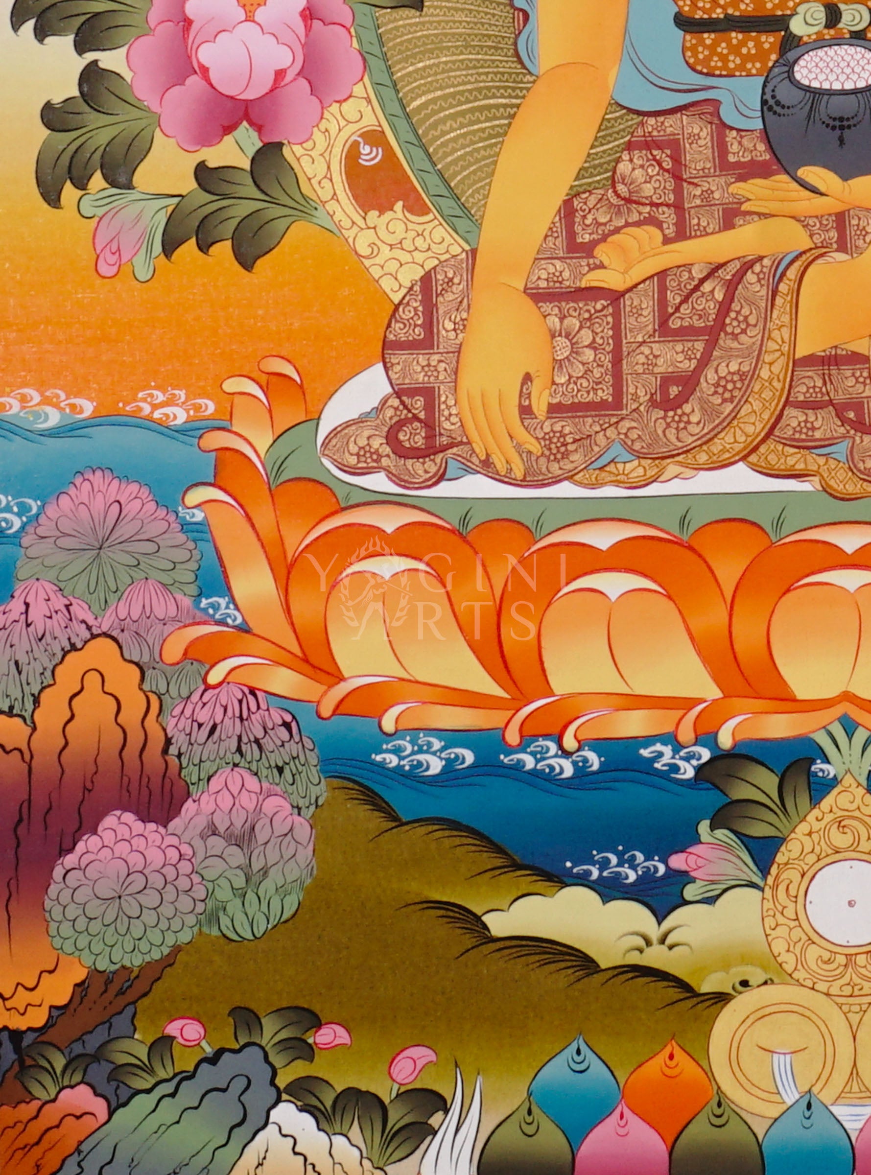 Shakyamuni Buddha thangka showing the historical Buddha seated in meditation on a lotus throne holding an alms bowl.