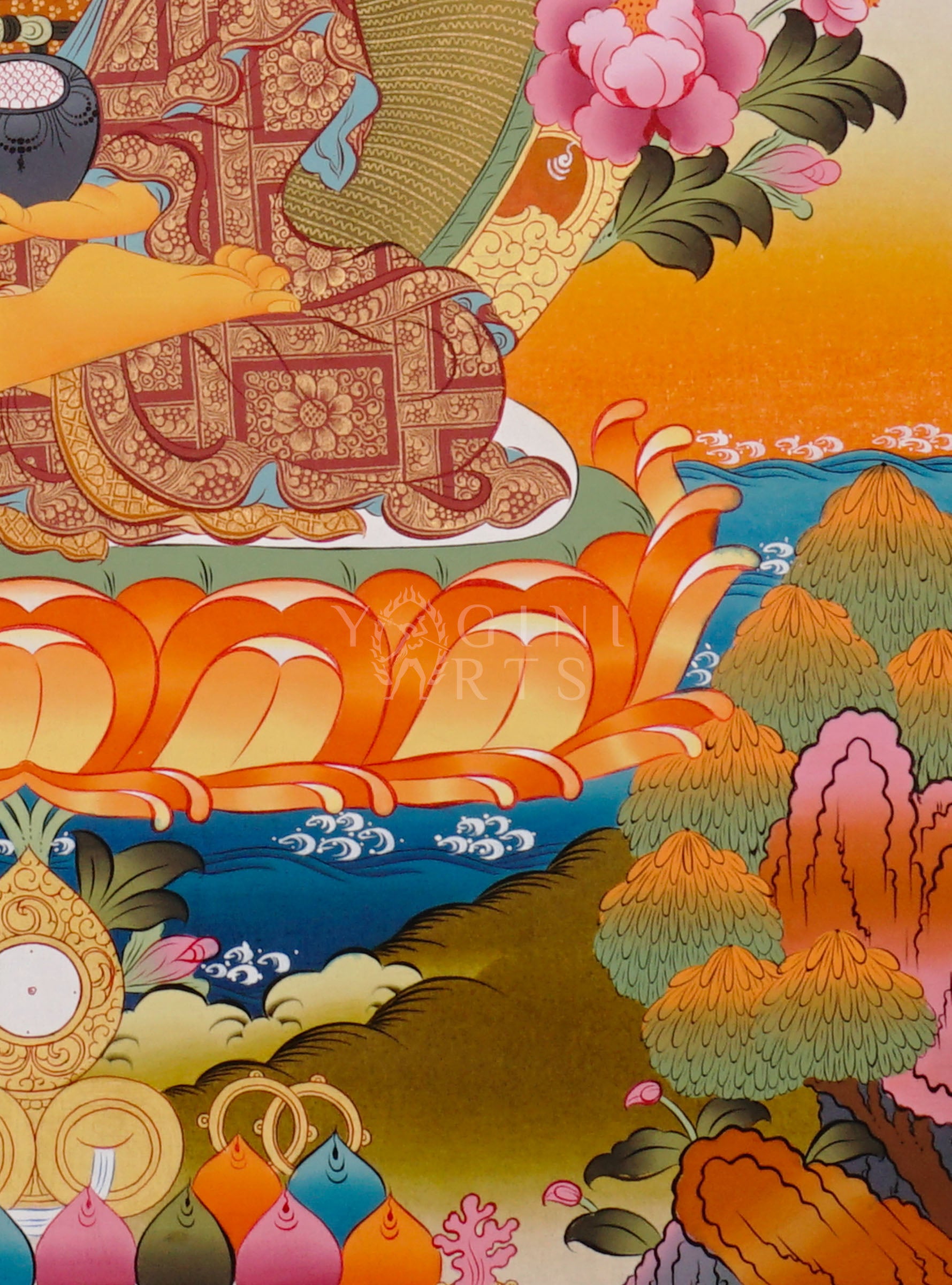 Shakyamuni Buddha thangka showing the historical Buddha seated in meditation on a lotus throne holding an alms bowl.