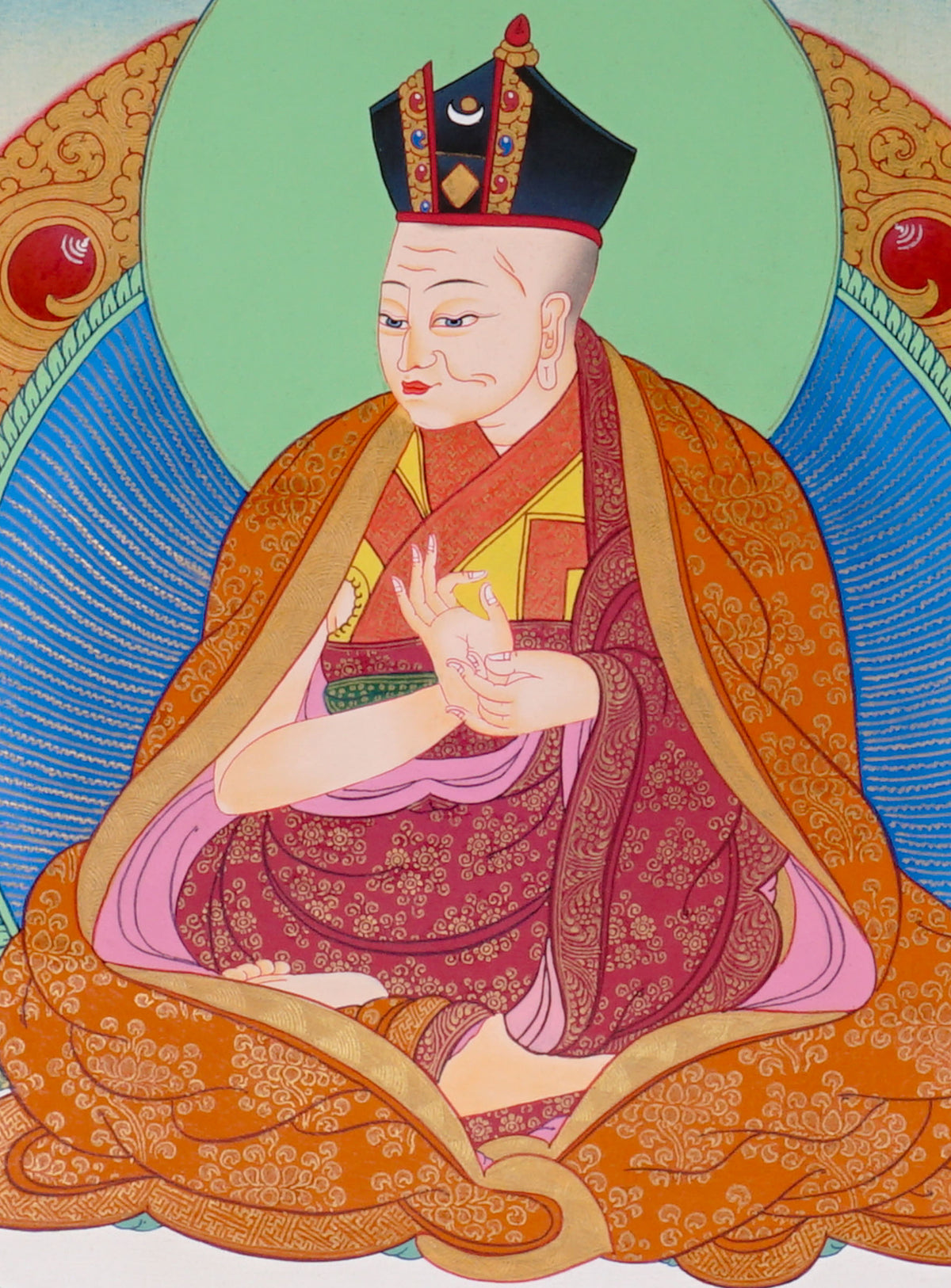Sixteen Karmapas Tibetan Buddhist thangka set featuring lineage masters seated on lotus thrones with traditional Himalayan landscapes and gold detailing