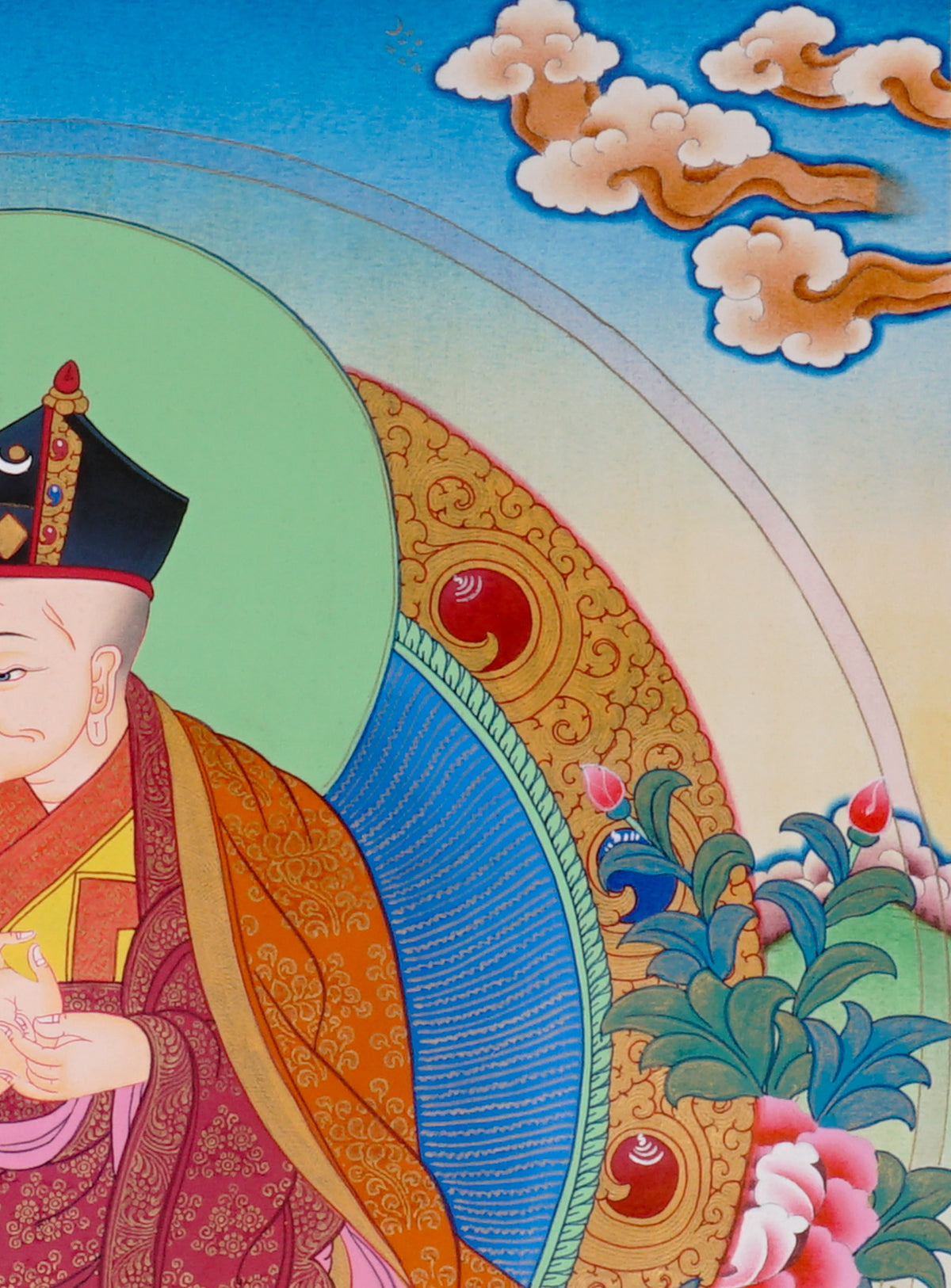 Sixteen Karmapas Tibetan Buddhist thangka set featuring lineage masters seated on lotus thrones with traditional Himalayan landscapes and gold detailing