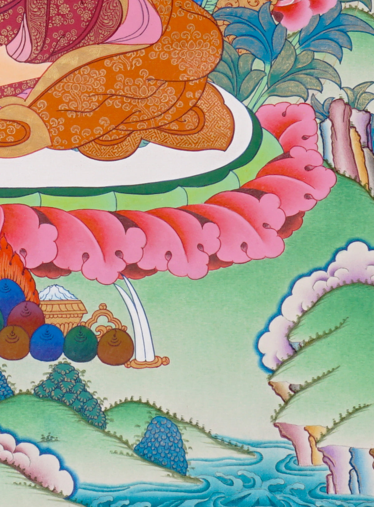 Sixteen Karmapas Tibetan Buddhist thangka set featuring lineage masters seated on lotus thrones with traditional Himalayan landscapes and gold detailing