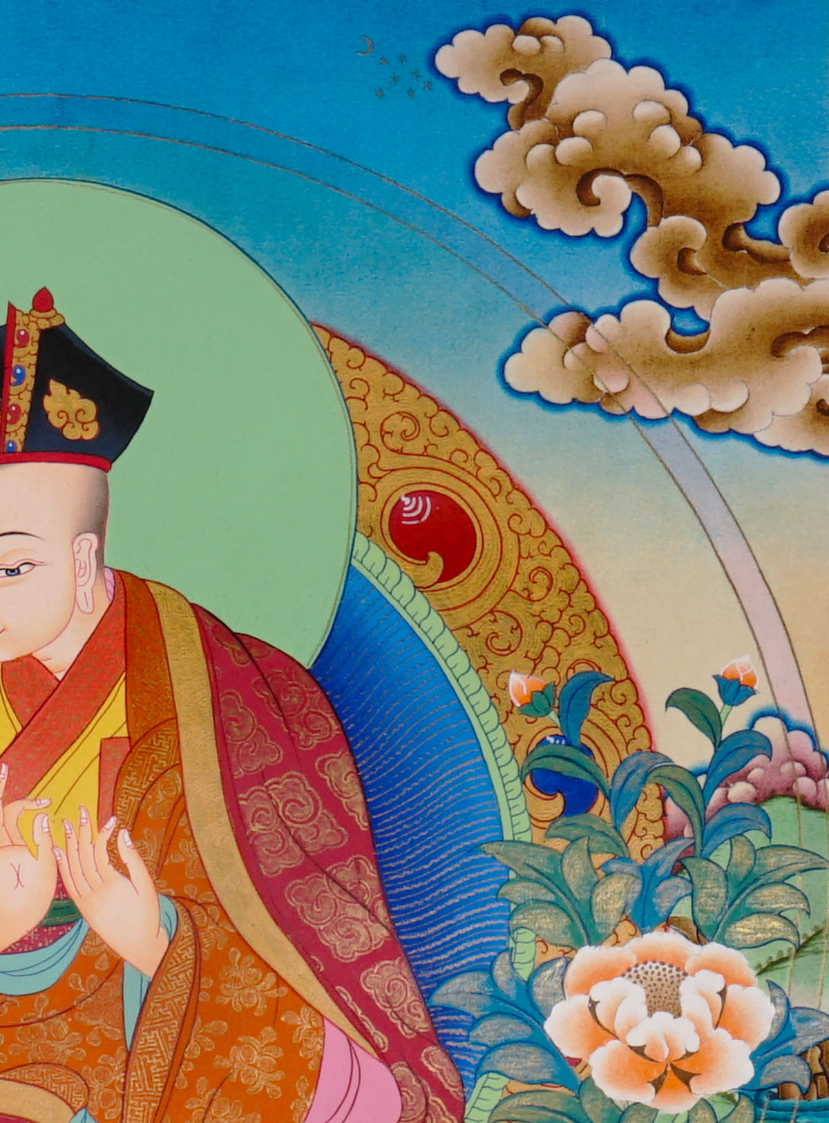 Sixteen Karmapas Tibetan Buddhist thangka set featuring lineage masters seated on lotus thrones with traditional Himalayan landscapes and gold detailing