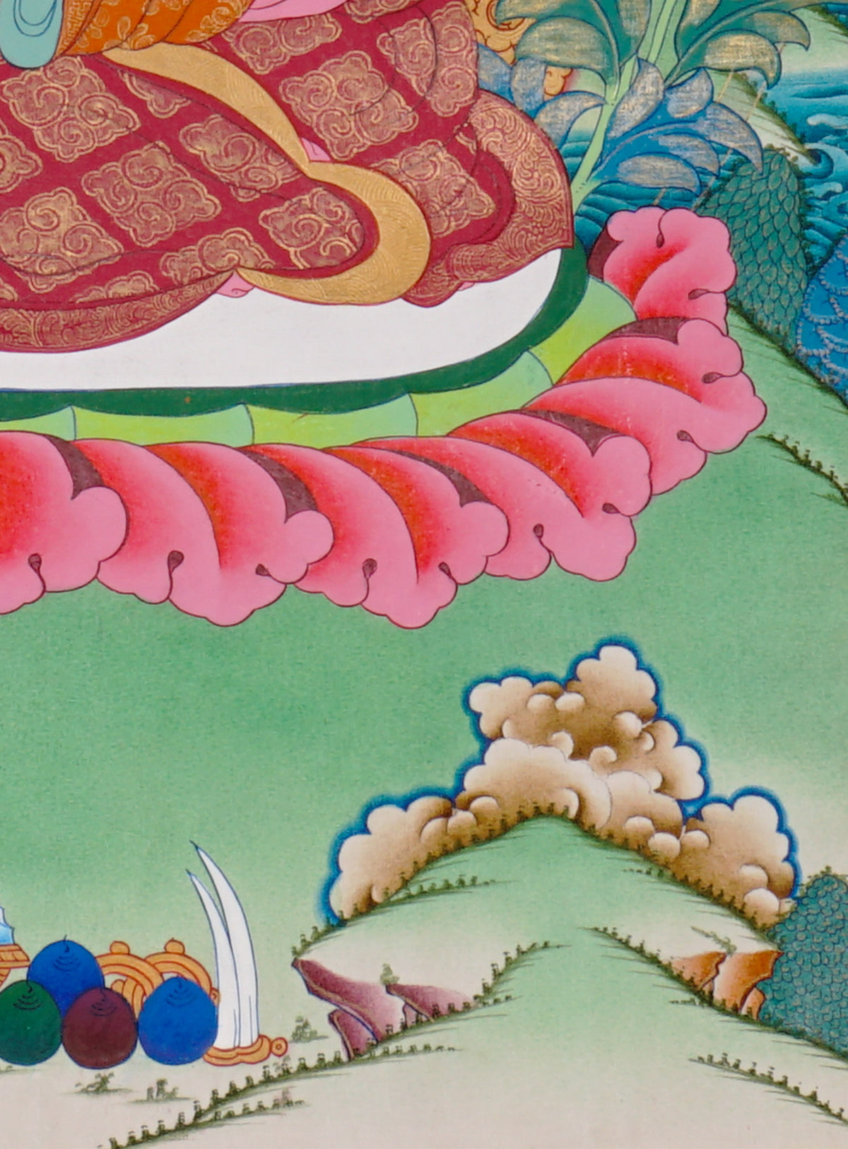Sixteen Karmapas Tibetan Buddhist thangka set featuring lineage masters seated on lotus thrones with traditional Himalayan landscapes and gold detailing