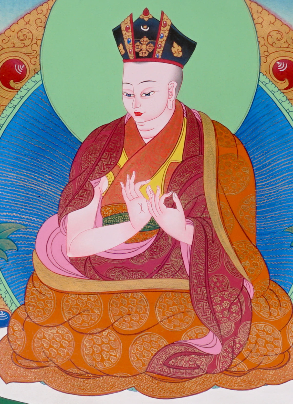 Sixteen Karmapas Tibetan Buddhist thangka set featuring lineage masters seated on lotus thrones with traditional Himalayan landscapes and gold detailing
