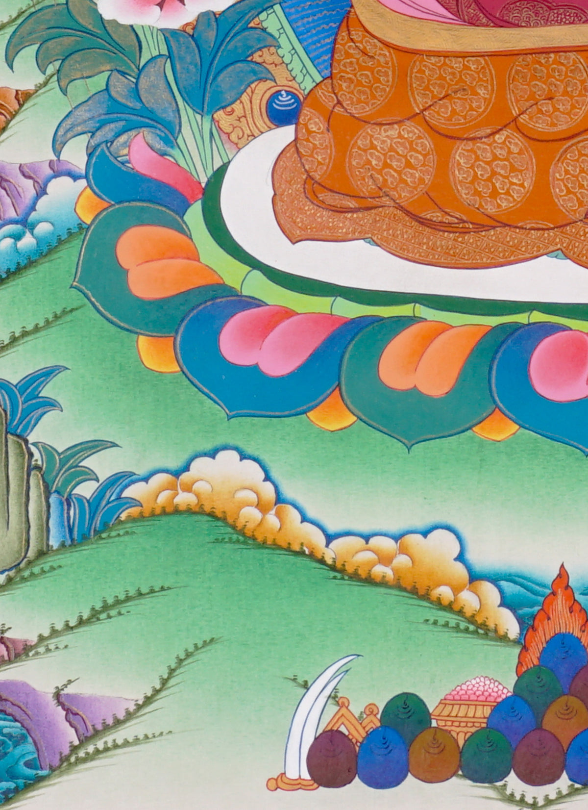 Sixteen Karmapas Tibetan Buddhist thangka set featuring lineage masters seated on lotus thrones with traditional Himalayan landscapes and gold detailing