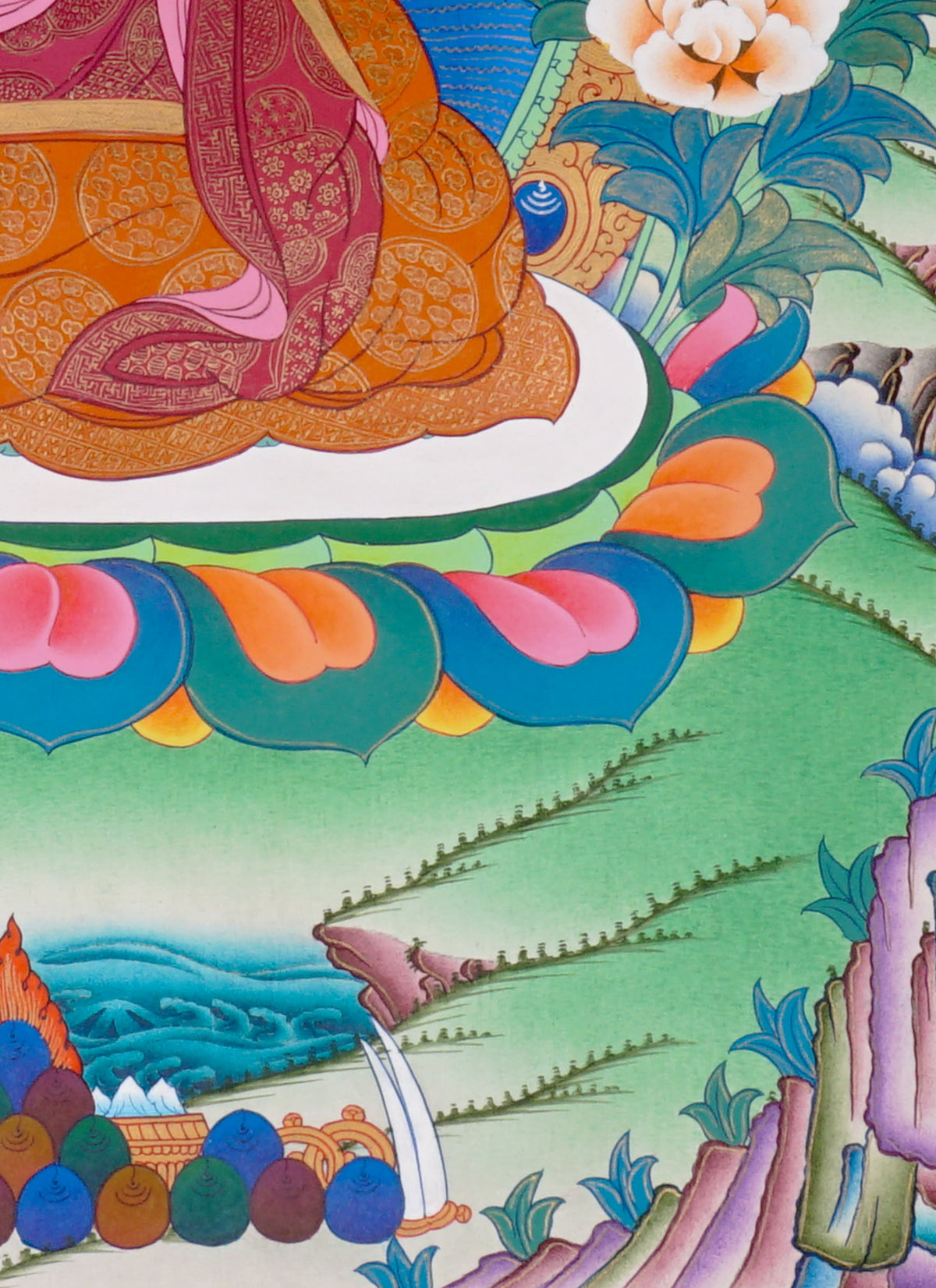 Sixteen Karmapas Tibetan Buddhist thangka set featuring lineage masters seated on lotus thrones with traditional Himalayan landscapes and gold detailing
