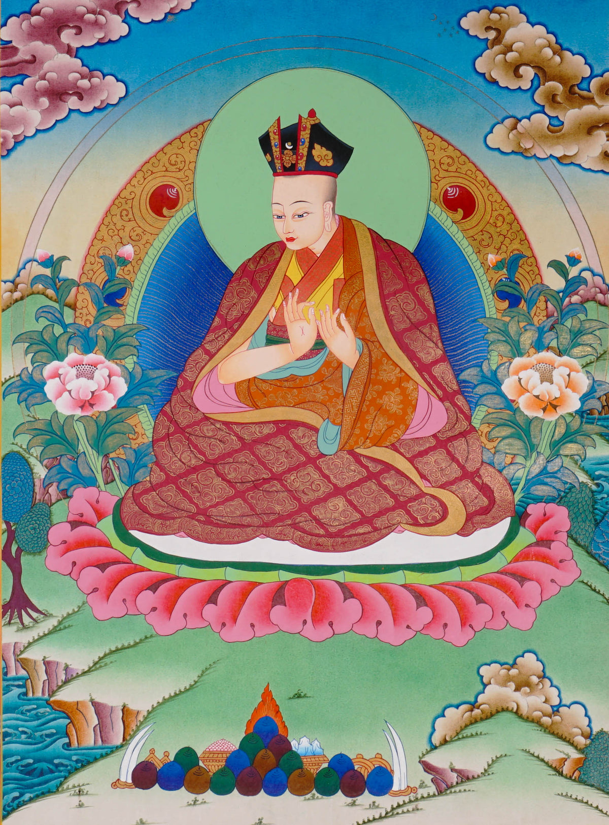 Sixteen Karmapas Tibetan Buddhist thangka set featuring lineage masters seated on lotus thrones with traditional Himalayan landscapes and gold detailing