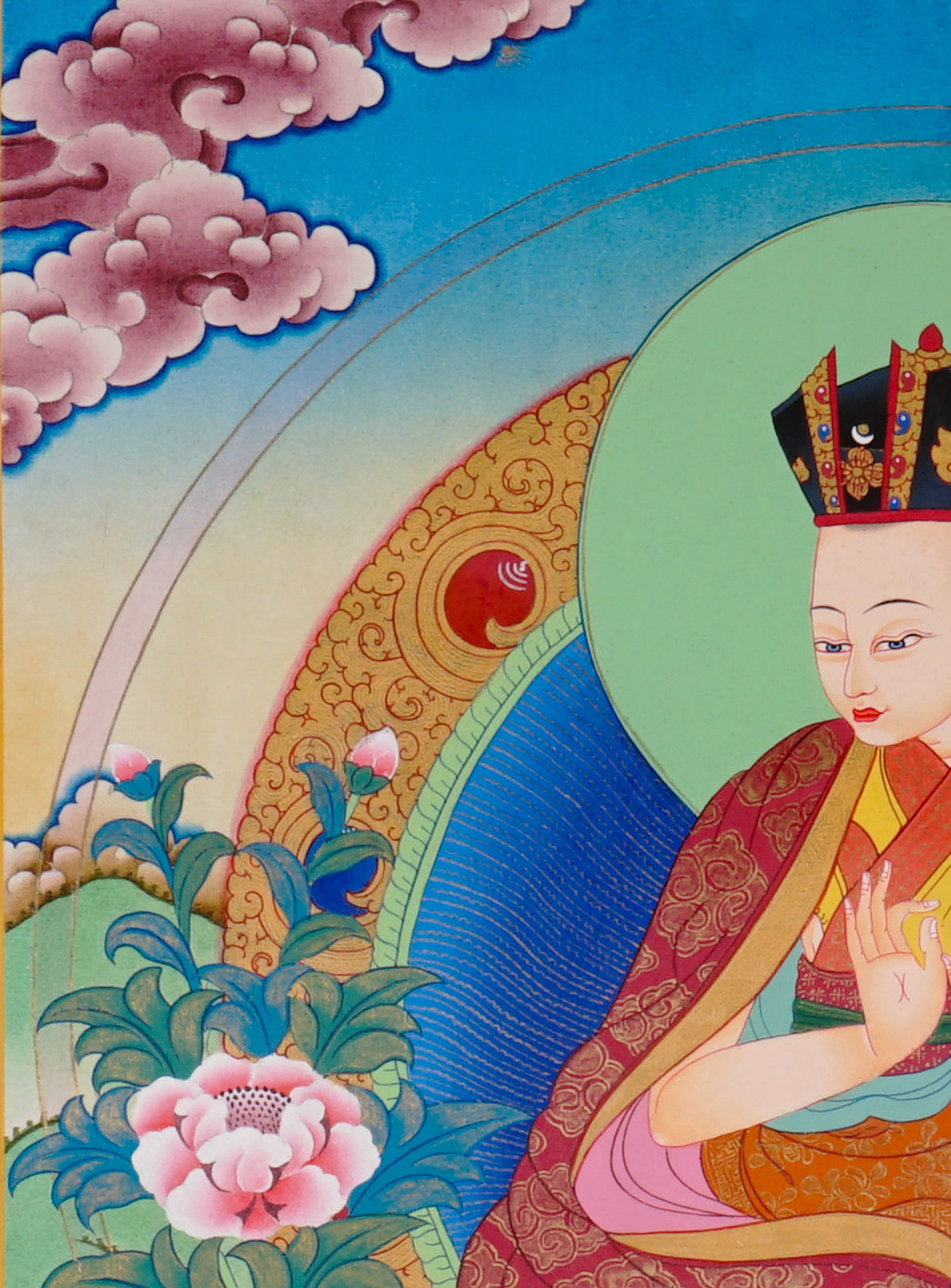 Sixteen Karmapas Tibetan Buddhist thangka set featuring lineage masters seated on lotus thrones with traditional Himalayan landscapes and gold detailing