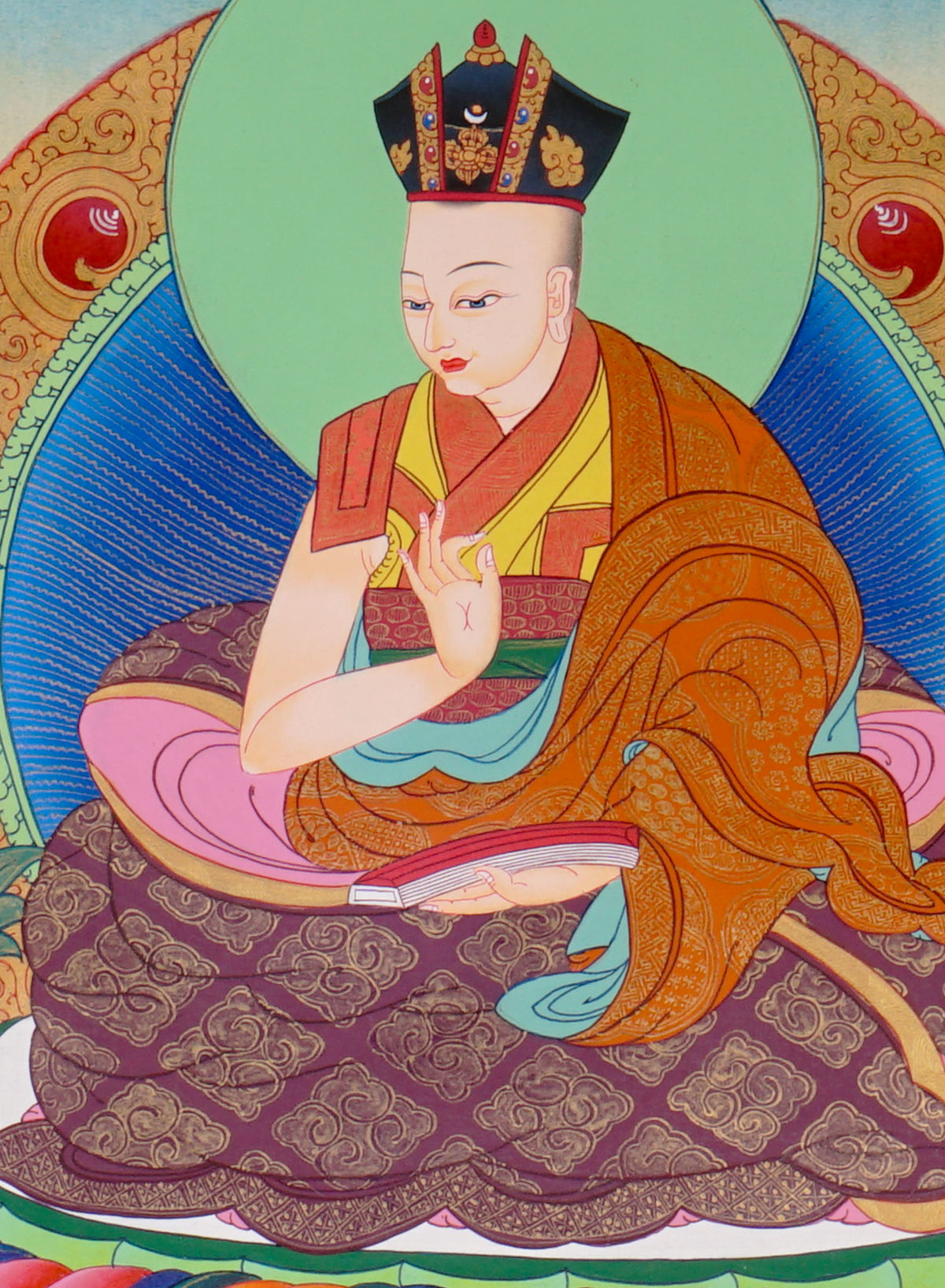 Sixteen Karmapas Tibetan Buddhist thangka set featuring lineage masters seated on lotus thrones with traditional Himalayan landscapes and gold detailing