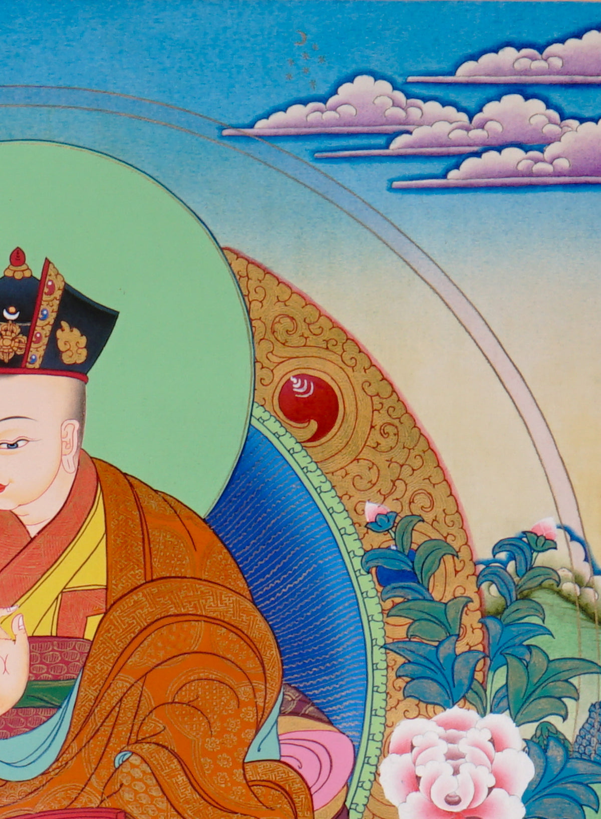 Sixteen Karmapa Tibetan Buddhist thangka set featuring lineage masters seated on lotus thrones with traditional Himalayan landscapes and gold detailing