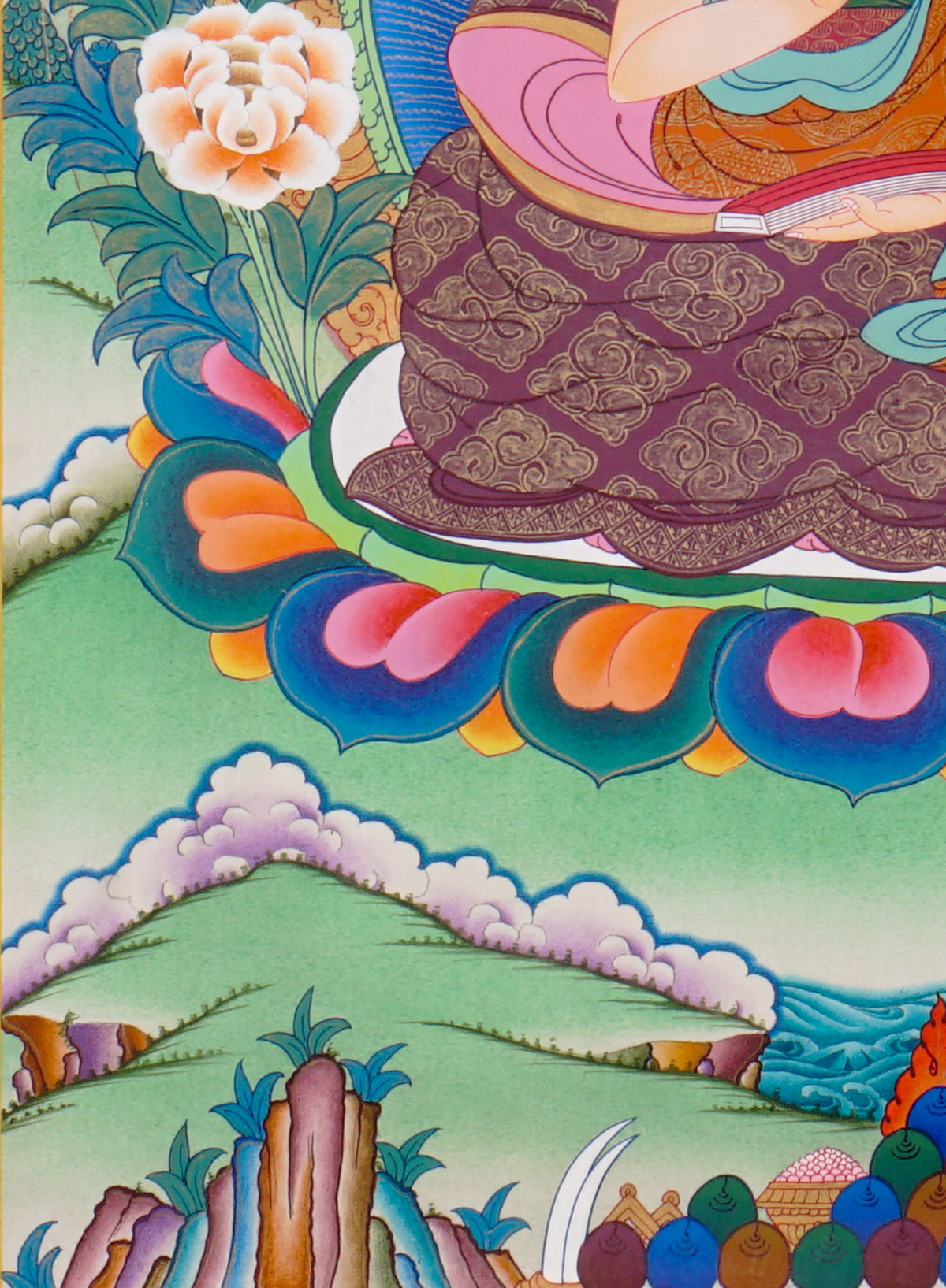 Sixteen Karmapas Tibetan Buddhist thangka set featuring lineage masters seated on lotus thrones with traditional Himalayan landscapes and gold detailing