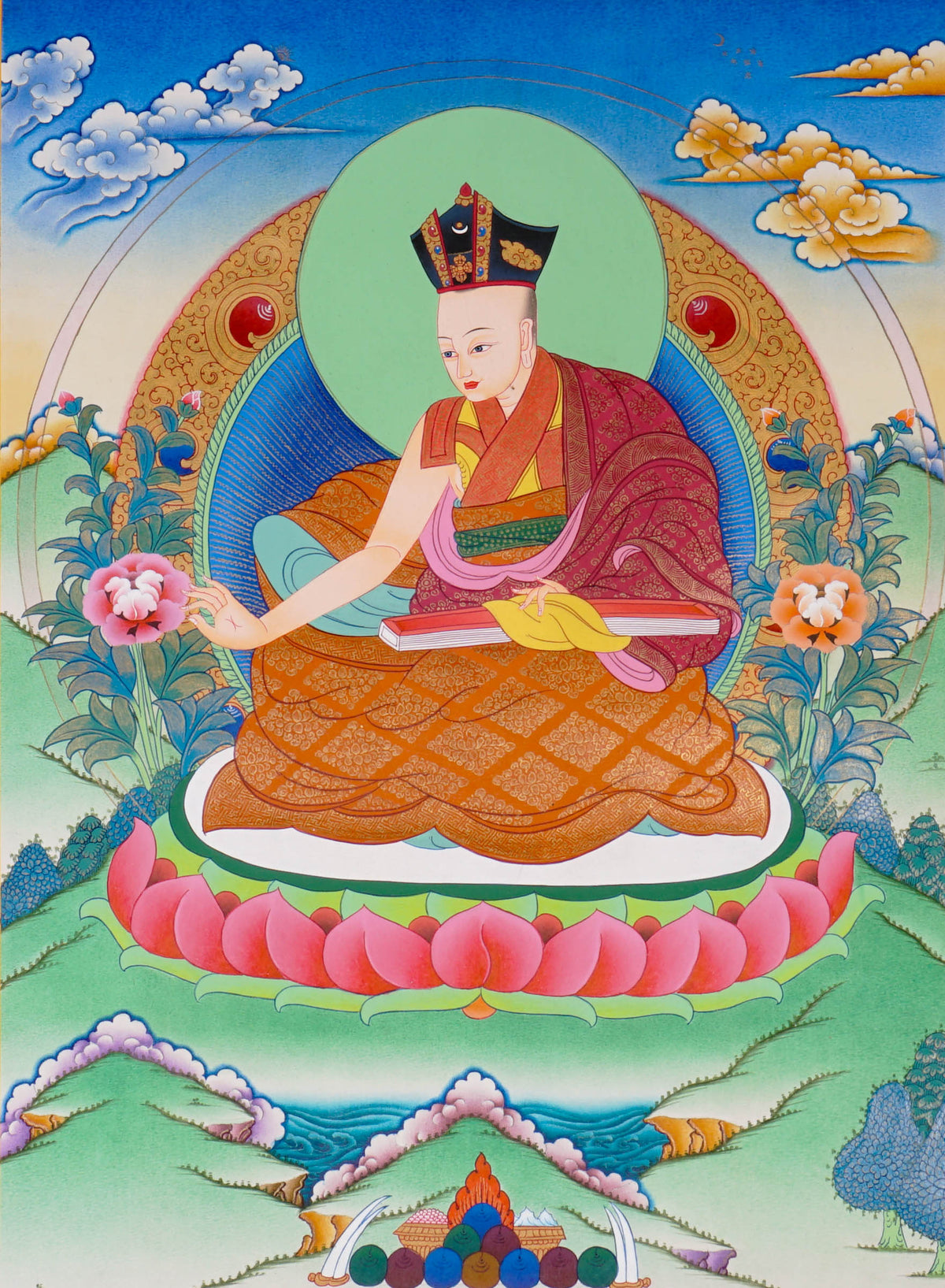 Sixteen Karmapas Tibetan Buddhist thangka set featuring lineage masters seated on lotus thrones with traditional Himalayan landscapes and gold detailing