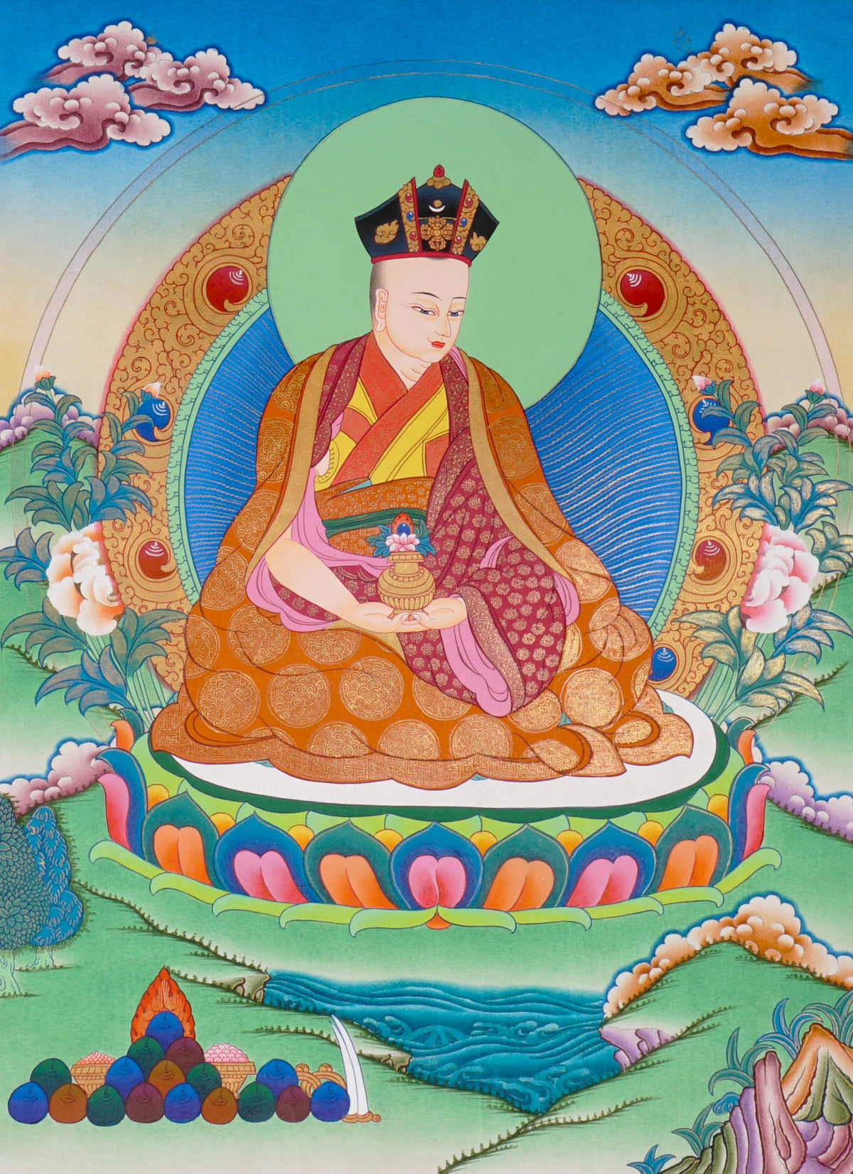 Sixteen Karmapas Tibetan Buddhist thangka set featuring lineage masters seated on lotus thrones with traditional Himalayan landscapes and gold detailing