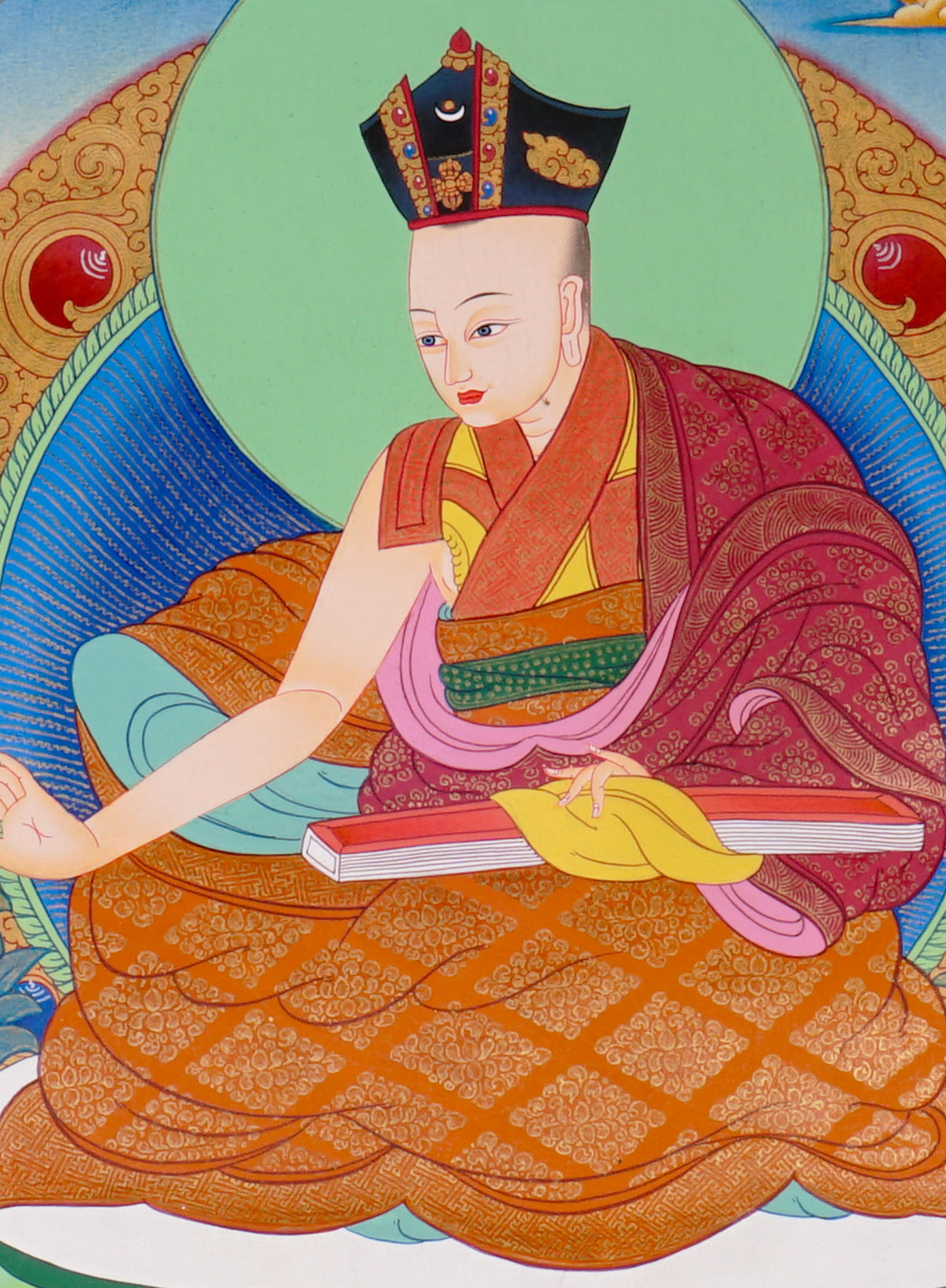 Sixteen Karmapas Tibetan Buddhist thangka set featuring lineage masters seated on lotus thrones with traditional Himalayan landscapes and gold detailing