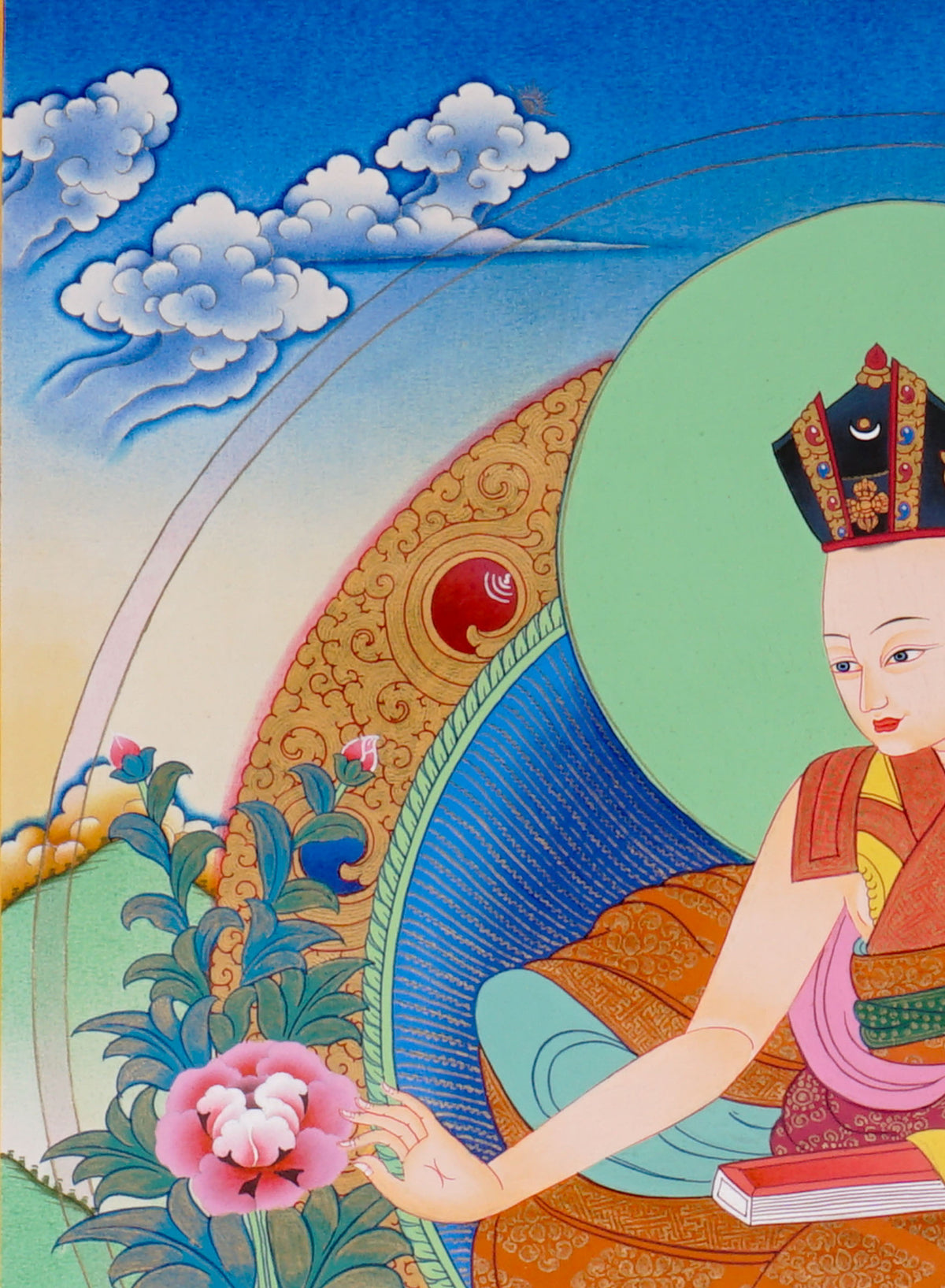 Sixteen Karmapas Tibetan Buddhist thangka set featuring lineage masters seated on lotus thrones with traditional Himalayan landscapes and gold detailing