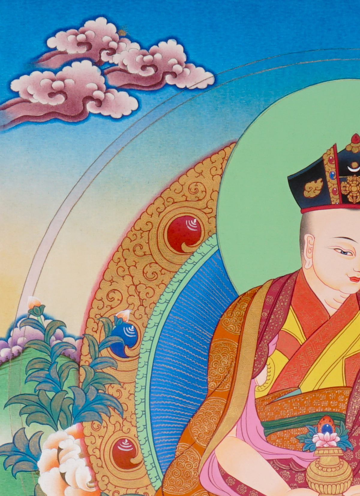 Sixteen Karmapas Tibetan Buddhist thangka set featuring lineage masters seated on lotus thrones with traditional Himalayan landscapes and gold detailing