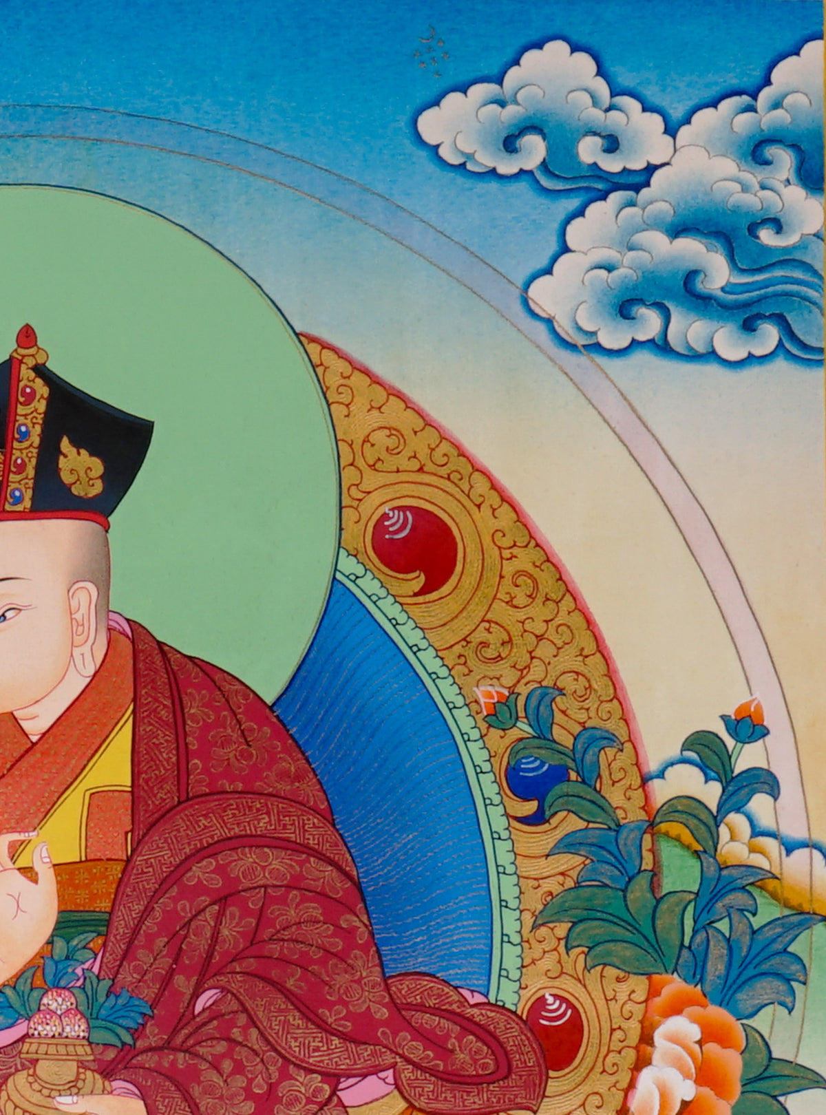 Sixteen Karmapas Tibetan Buddhist thangka set featuring lineage masters seated on lotus thrones with traditional Himalayan landscapes and gold detailing