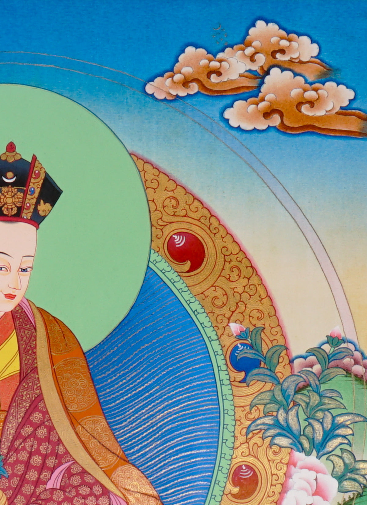 Sixteen Karmapas Tibetan Buddhist thangka set featuring lineage masters seated on lotus thrones with traditional Himalayan landscapes and gold detailing