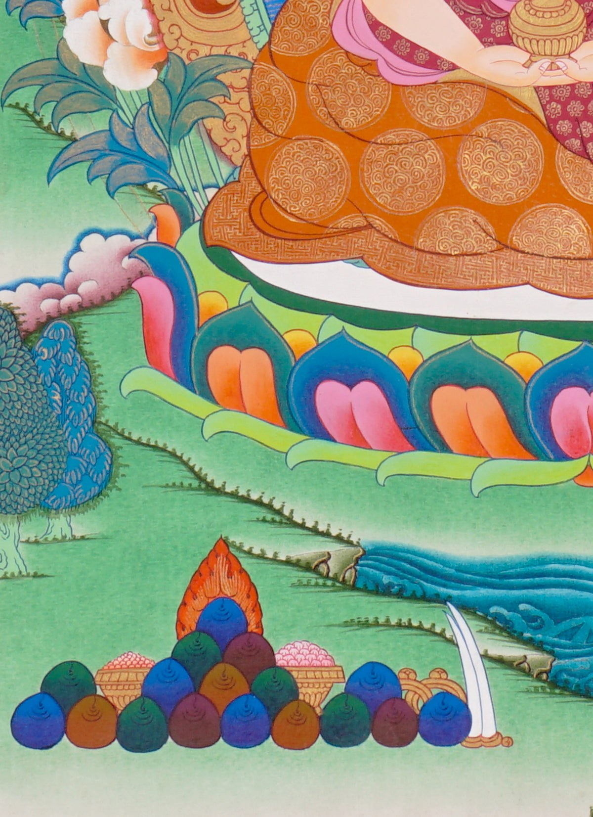 Sixteen Karmapas Tibetan Buddhist thangka set featuring lineage masters seated on lotus thrones with traditional Himalayan landscapes and gold detailing