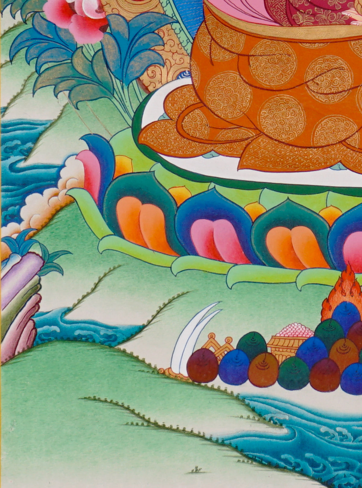 Sixteen Karmapas Tibetan Buddhist thangka set featuring lineage masters seated on lotus thrones with traditional Himalayan landscapes and gold detailing