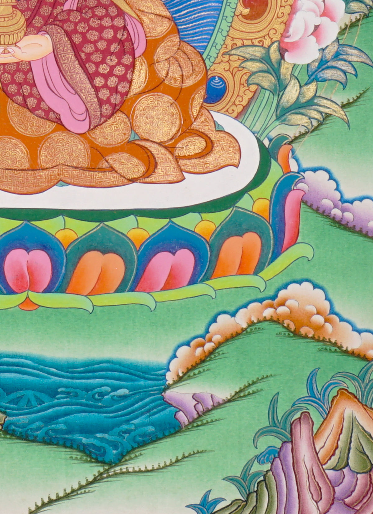 Sixteen Karmapas Tibetan Buddhist thangka set featuring lineage masters seated on lotus thrones with traditional Himalayan landscapes and gold detailing